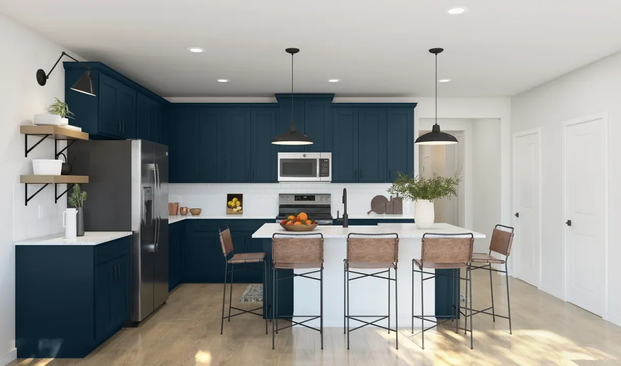 Kitchen with pendant lights and floating shelves