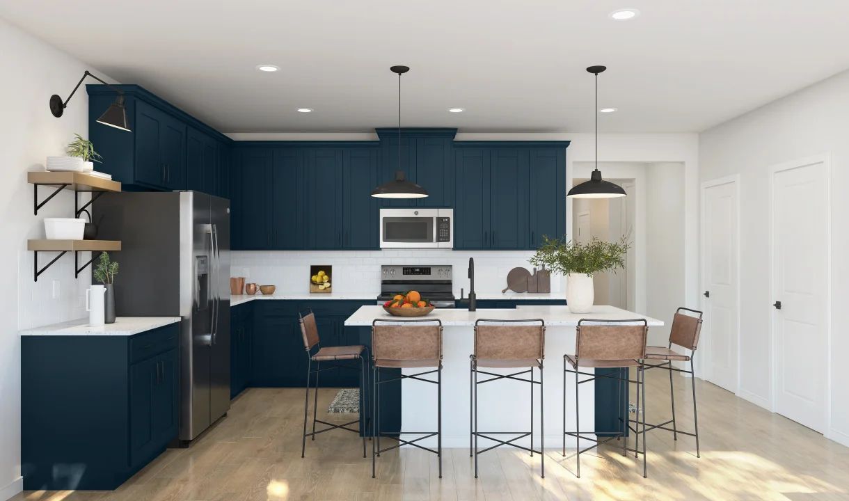 Kitchen with pendant lights and floating shelves