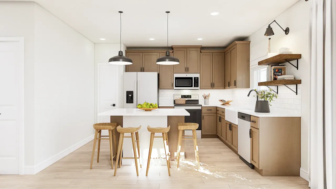 Floating shelves and matte black lighting in kitchen
