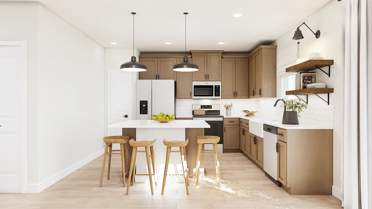 Floating shelves and matte black lighting in kitchen