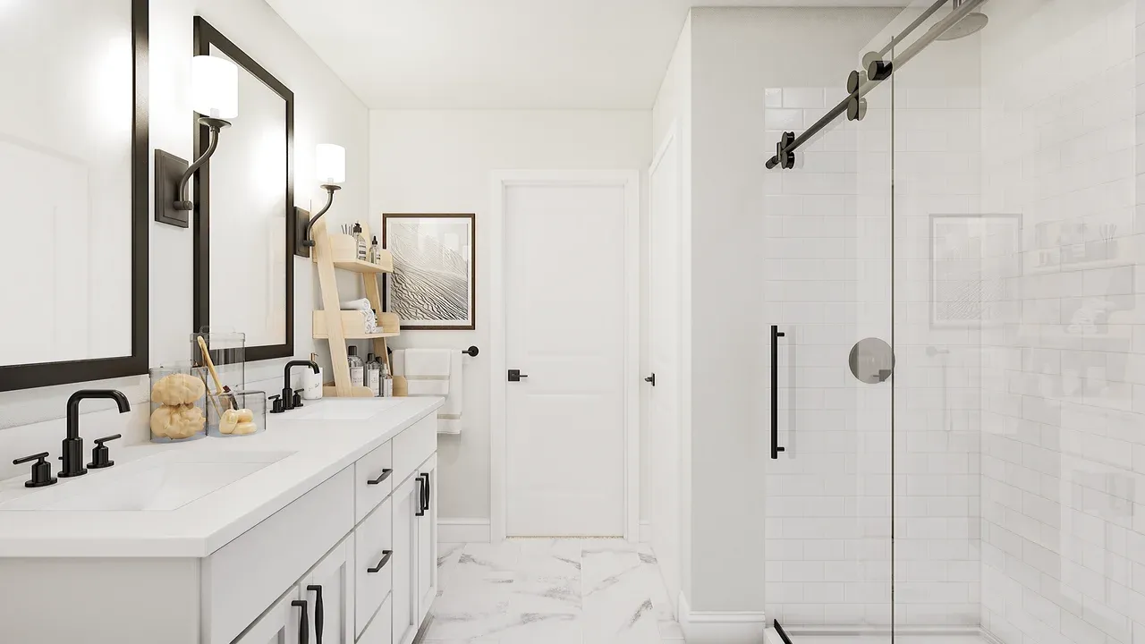 Primary bath with matte black finishes