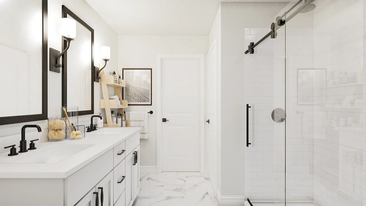 Primary bath with matte black finishes