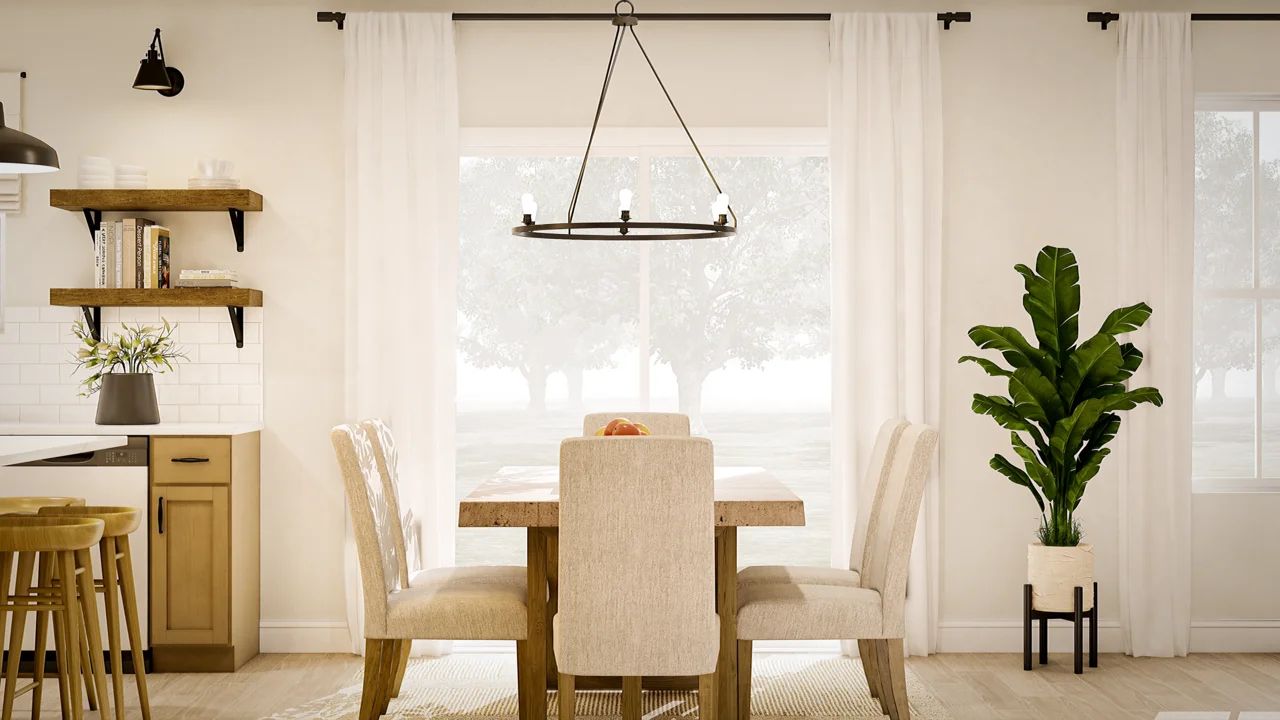 Dining area with decorative chandelier
