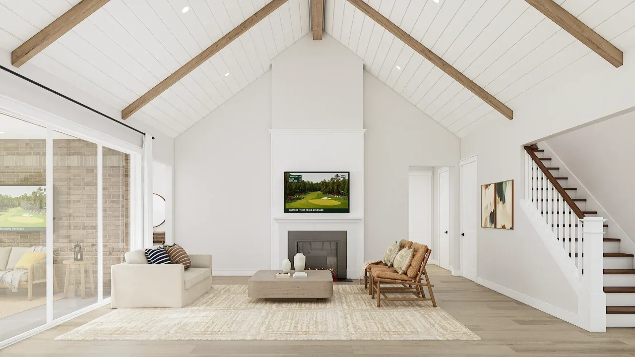 Great Room with 12' Multi-Slide Door, Shiplap and Stained Ceiling Beams