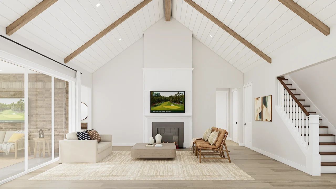 Great Room with 12' Multi-Slide Door, Shiplap and Stained Ceiling Beams