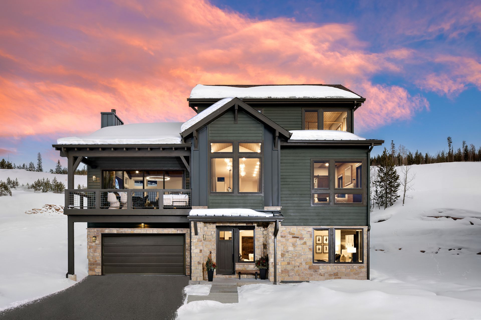 The Meadowlark offers 4 bedrooms and 4.5 baths with an option for a 5th bedroom. Spanning 3 levels with elevator access, this thoughtfully designed home blends comfort, flexibility, and elevated mountain living.