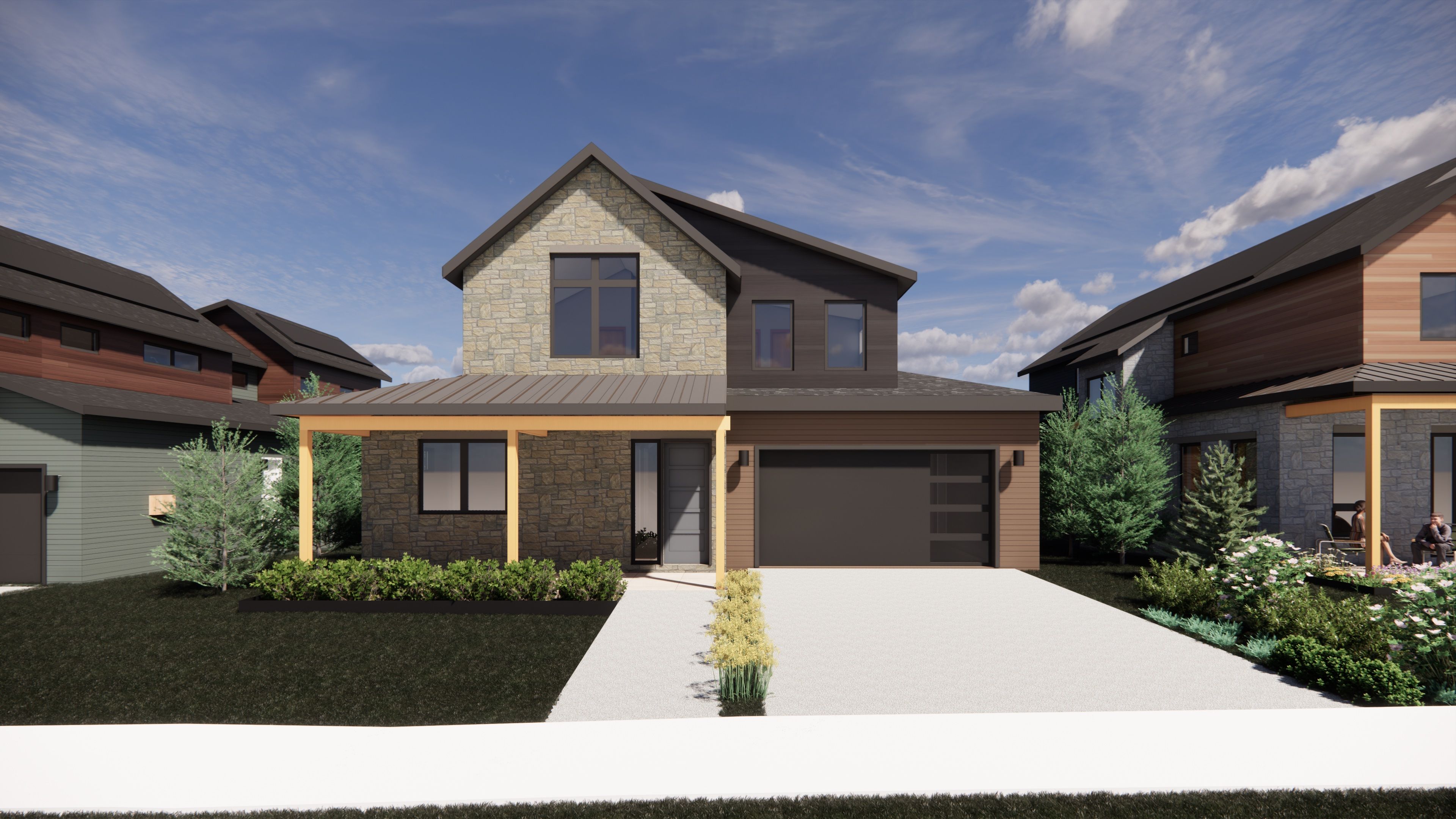 The Larkspur in Exterior Color Palette 2 - a warm, inviting mix of natural tones that complement its modern architecture.