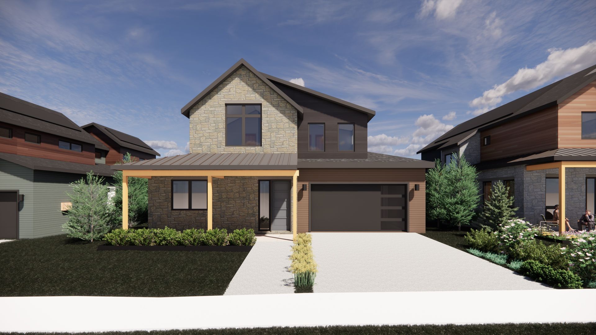 The Larkspur in Exterior Color Palette 2 - a warm, inviting mix of natural tones that complement its modern architecture.