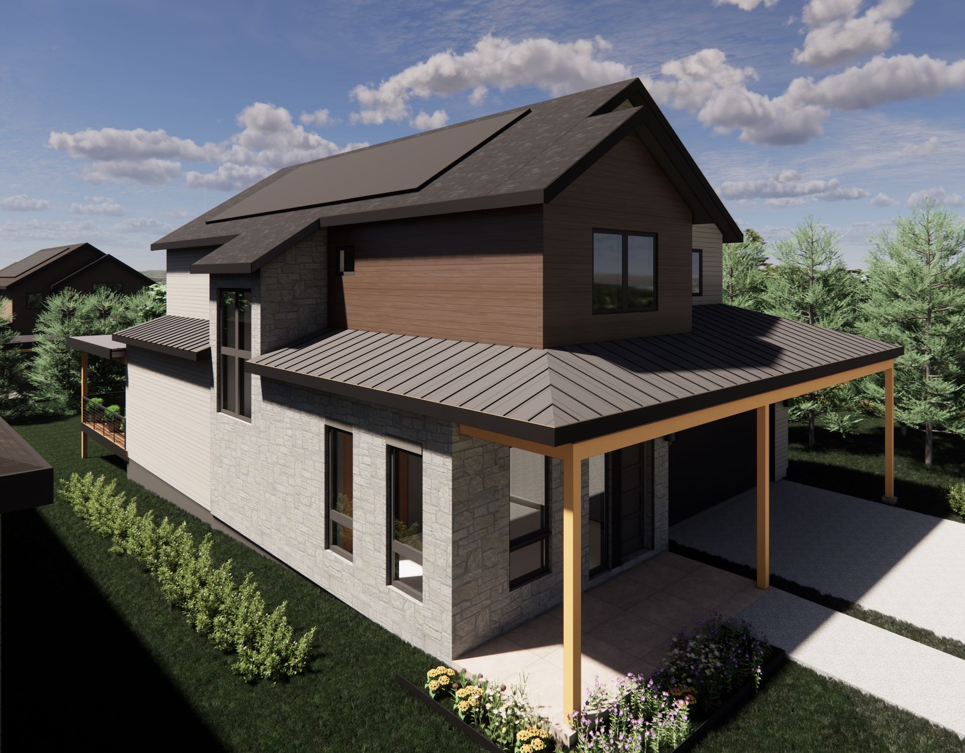 Thoughtfully crafted exterior detailing highlights modern architecture and clean lines. This view showcases the blend of stone, siding, and wood accents that define Exterior Palette 6, along with the covered entry and oversized windows that bring natural 
