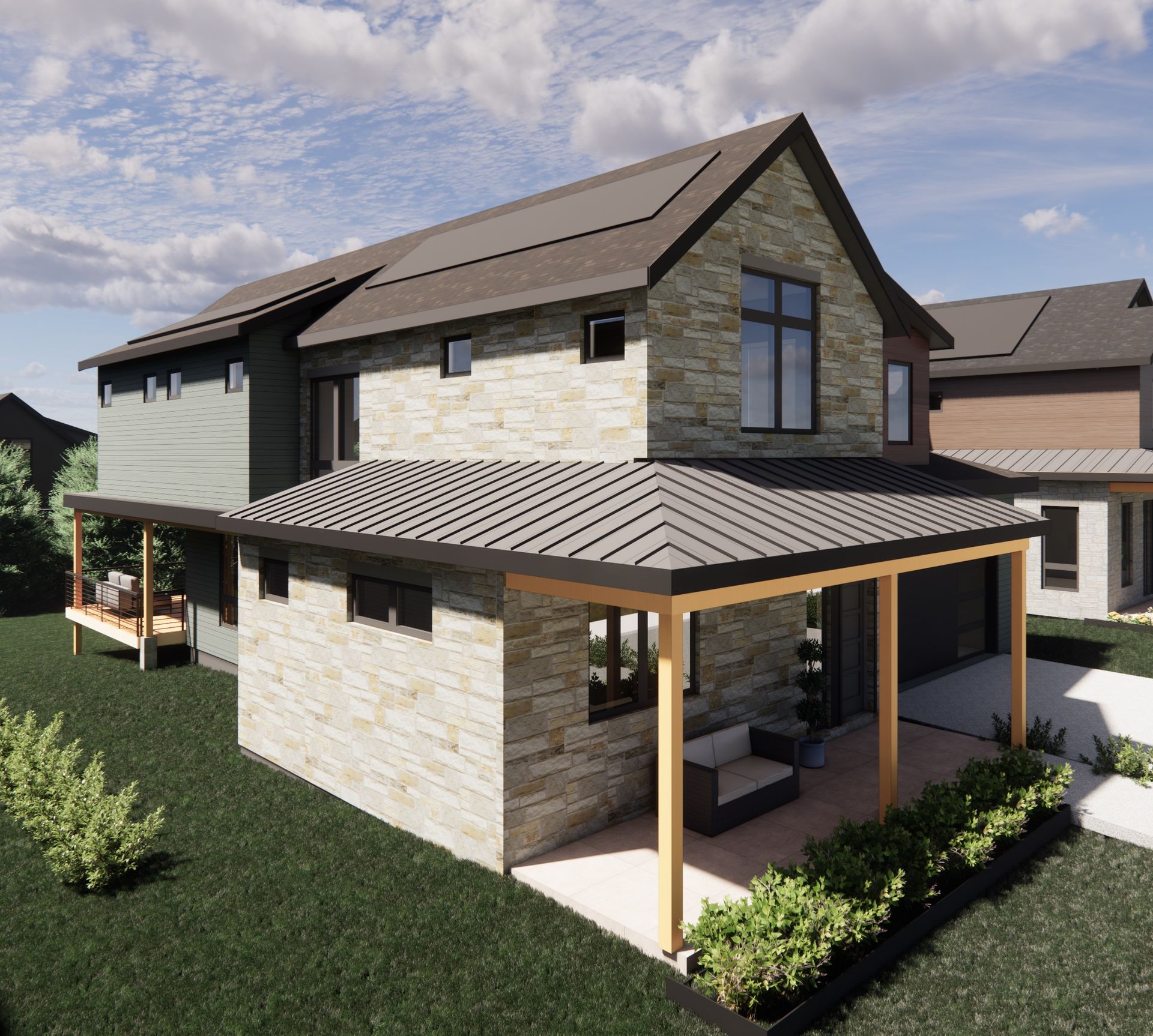A striking blend of modern architecture and natural materials, The Larkspurs exterior highlights its distinctive stonework, clean rooflines, and expansive windows that enhance natural light and curb appeal.