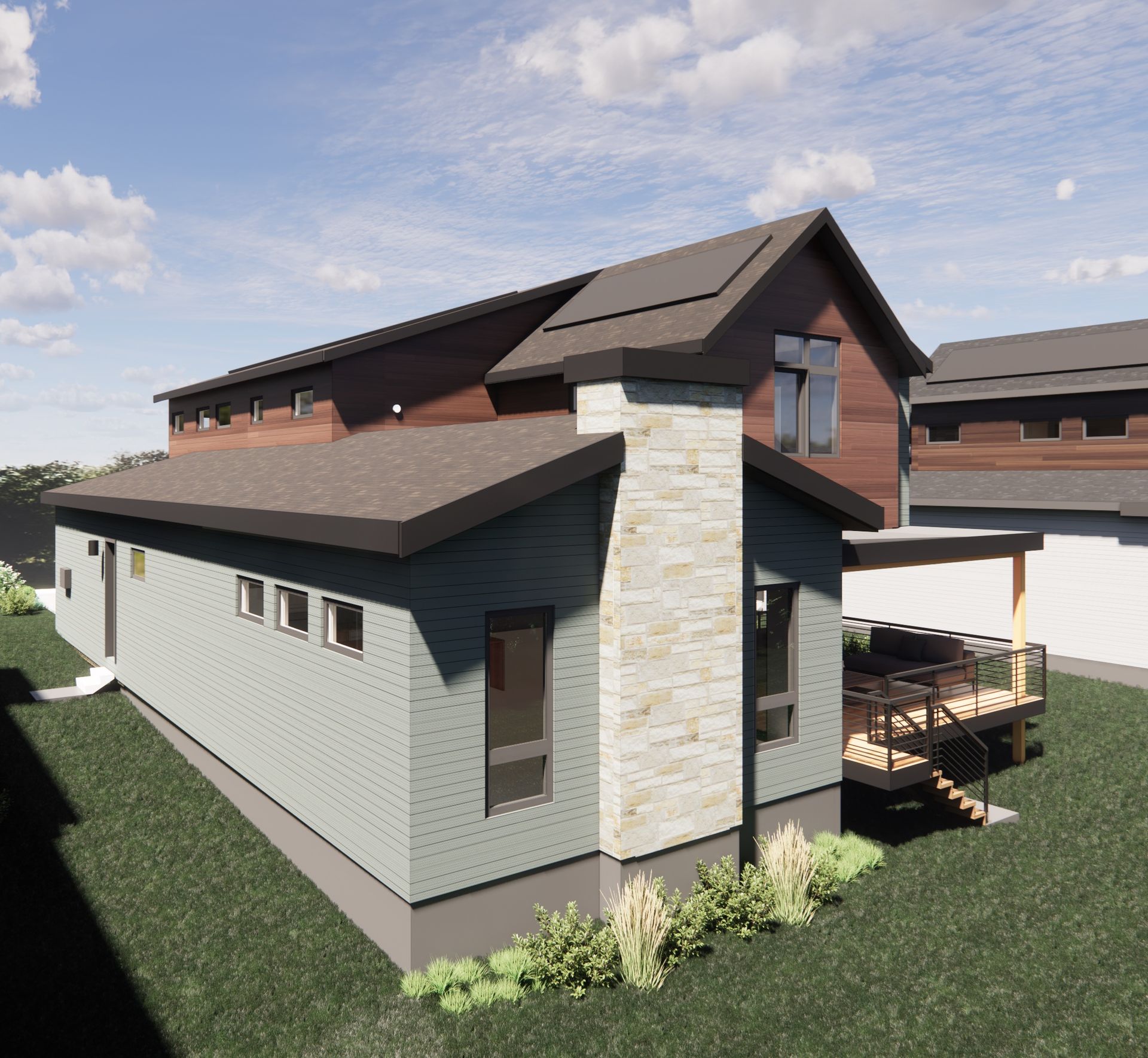 The rear elevation showcases seamless indoor–outdoor living with stacking sliding glass doors leading to the covered deck. Enjoy peaceful afternoons, Foothills views, and effortless entertaining with the integrated outdoor kitchen.