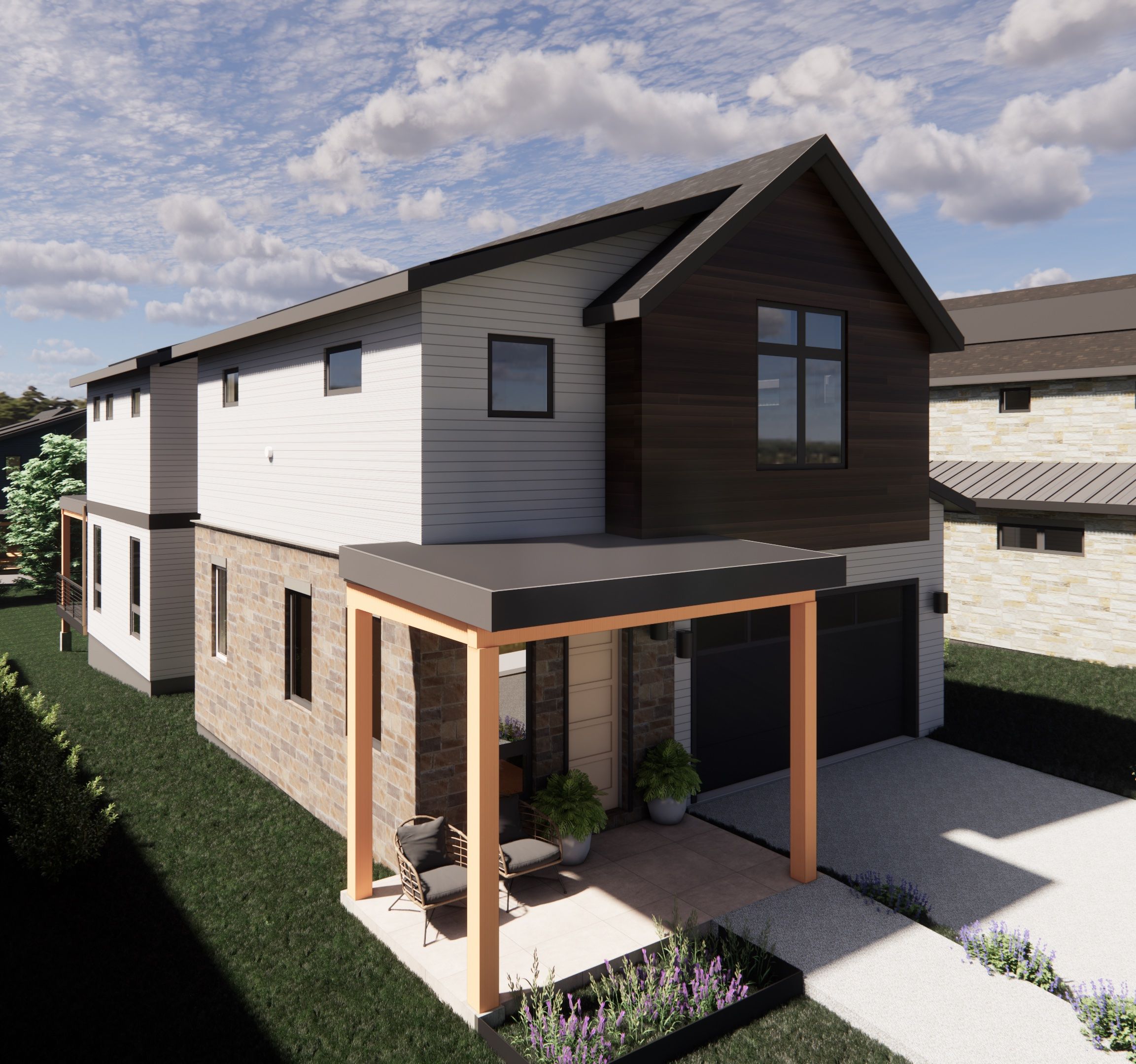 A refined blend of modern lines and warm exterior accents, The Sages architectural design highlights its large windows, inviting covered entry, and beautifully balanced materials from Exterior Palette 3.