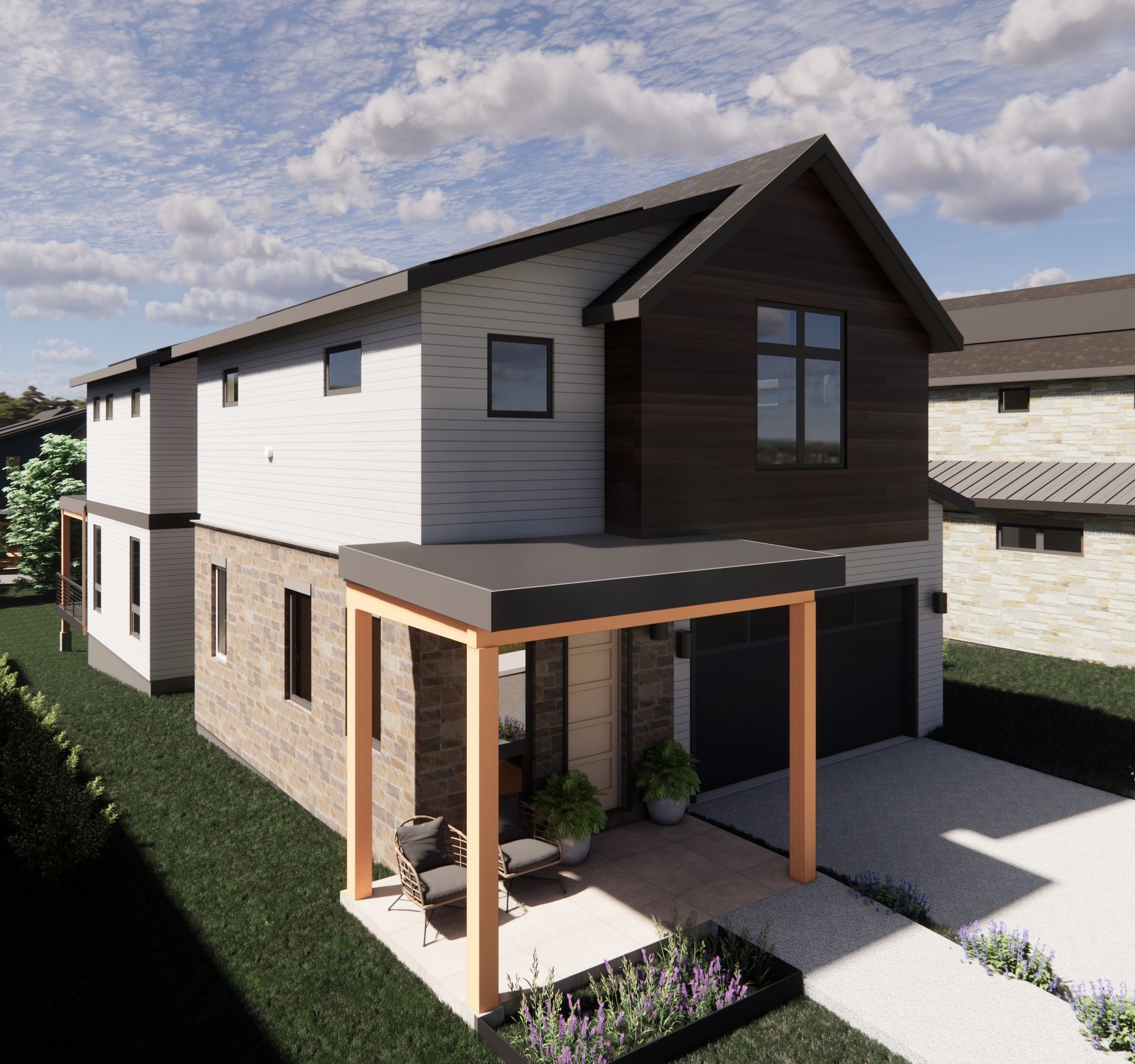 A refined blend of modern lines and warm exterior accents, The Sages architectural design highlights its large windows, inviting covered entry, and beautifully balanced materials from Exterior Palette 3.