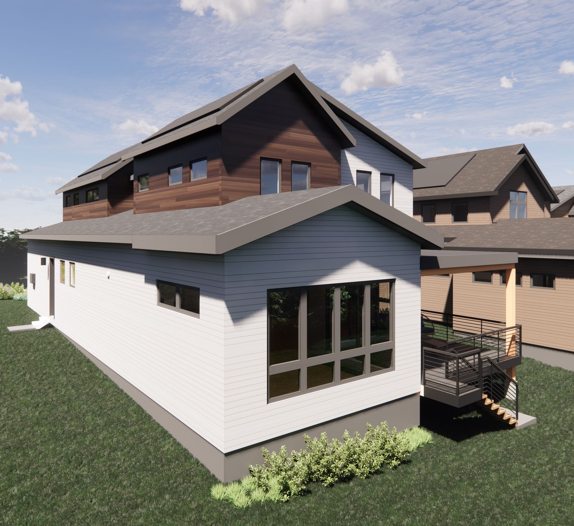 The rear elevation showcases seamless indoor–outdoor living with expansive windows and direct access to the covered back deck. Enjoy natural light, privacy, and a peaceful setting ideal for everyday relaxation or entertaining.