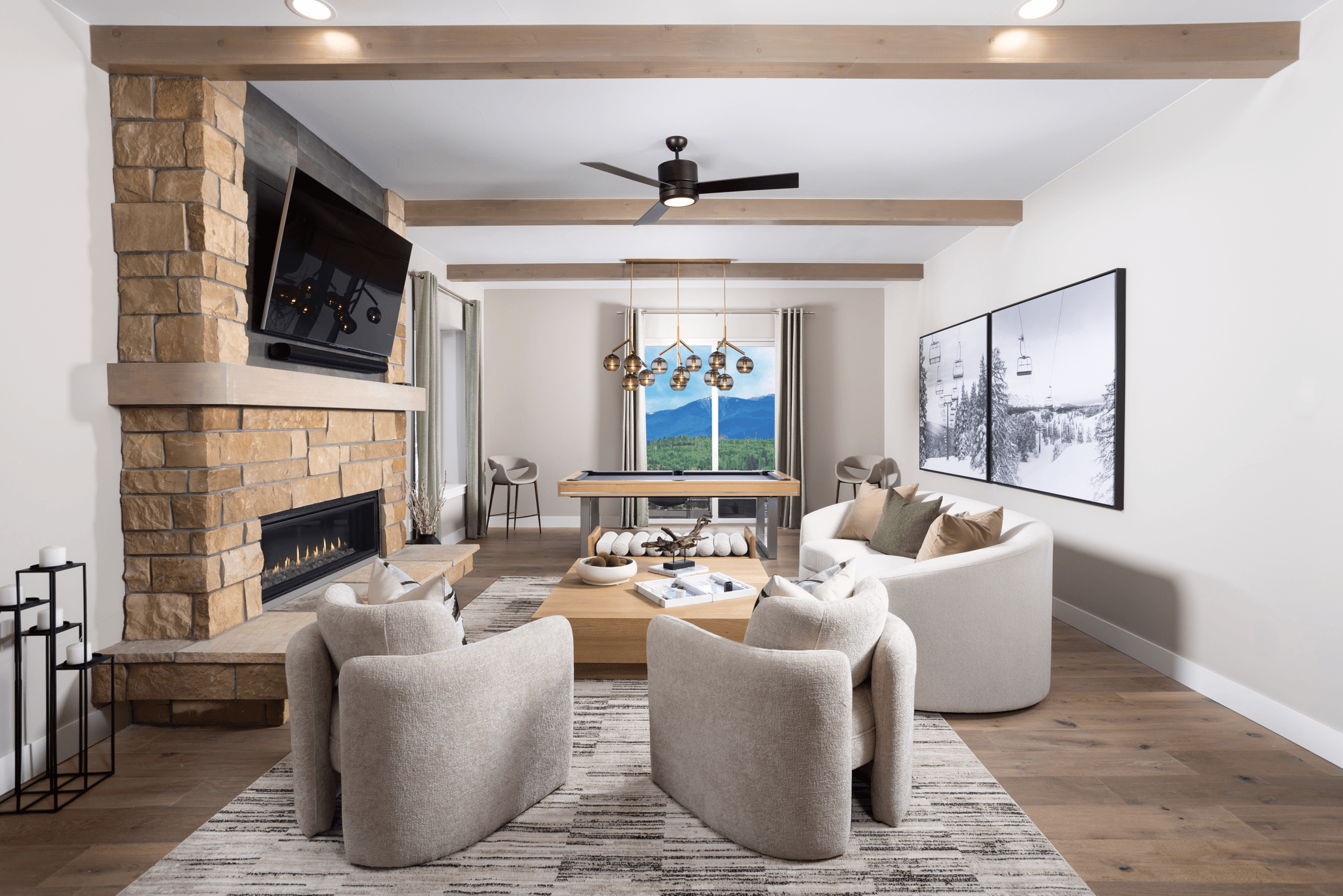 The family rec room is located on the lower level of the home, creating the perfect space for a game room, media area, or casual family hangout designed for fun and relaxation.