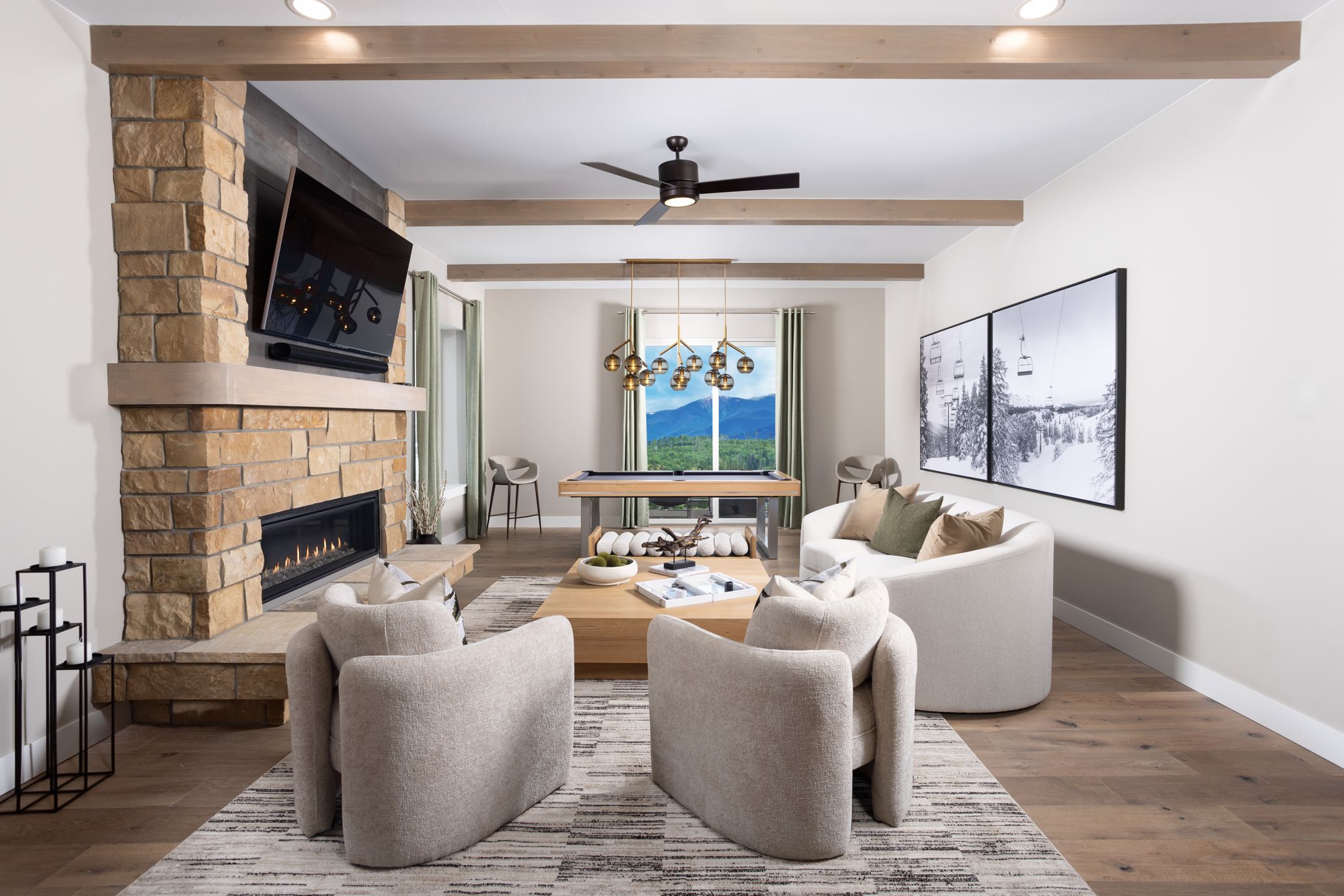 The family rec room is located on the lower level of the home, creating the perfect space for a game room, media area, or casual family hangout designed for fun and relaxation.