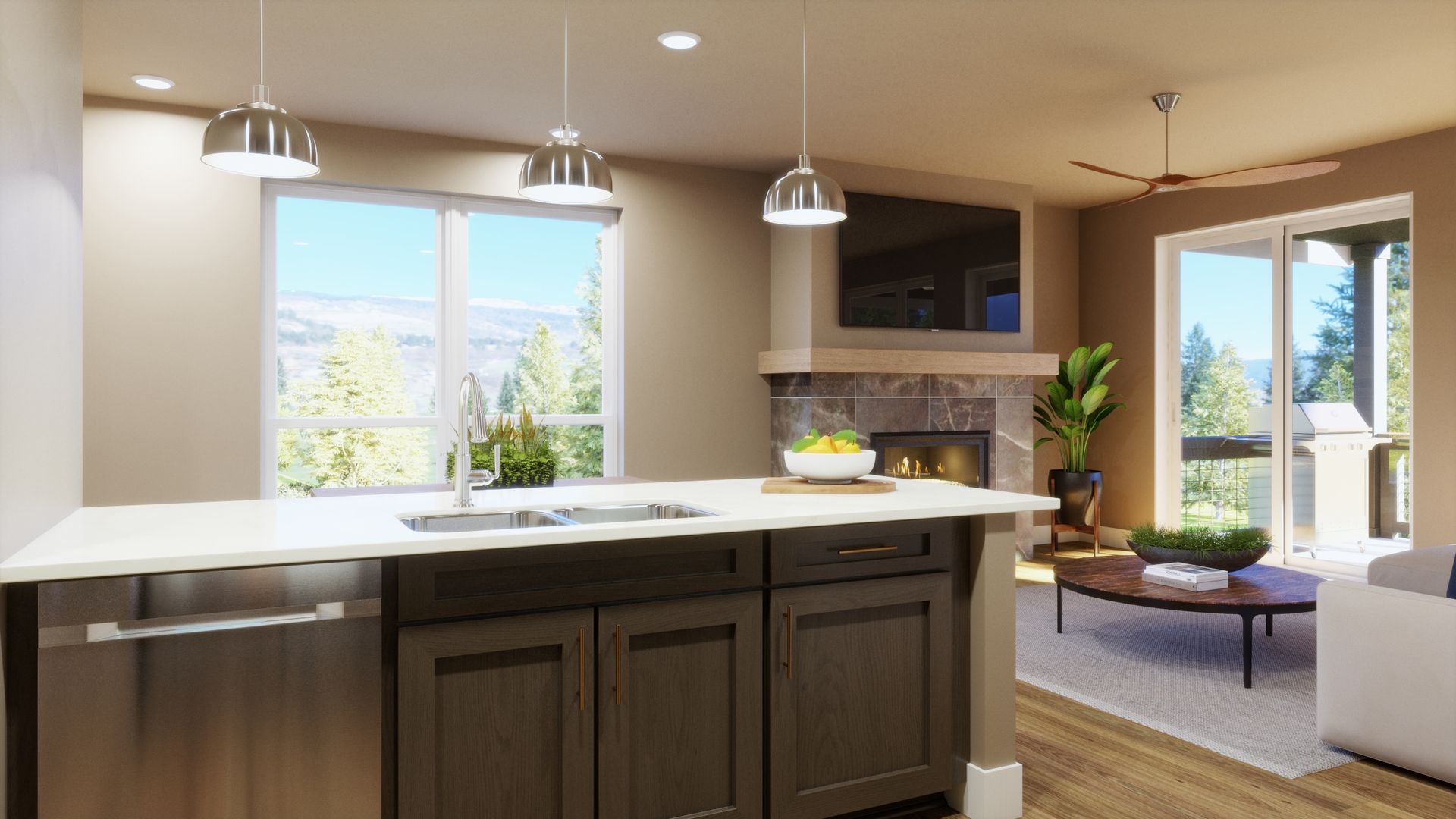 Designed for easy everyday living. This open kitchen features a spacious island with seating, ample cabinetry, and a functional layout that makes cooking, entertaining, and gathering feel effortless.