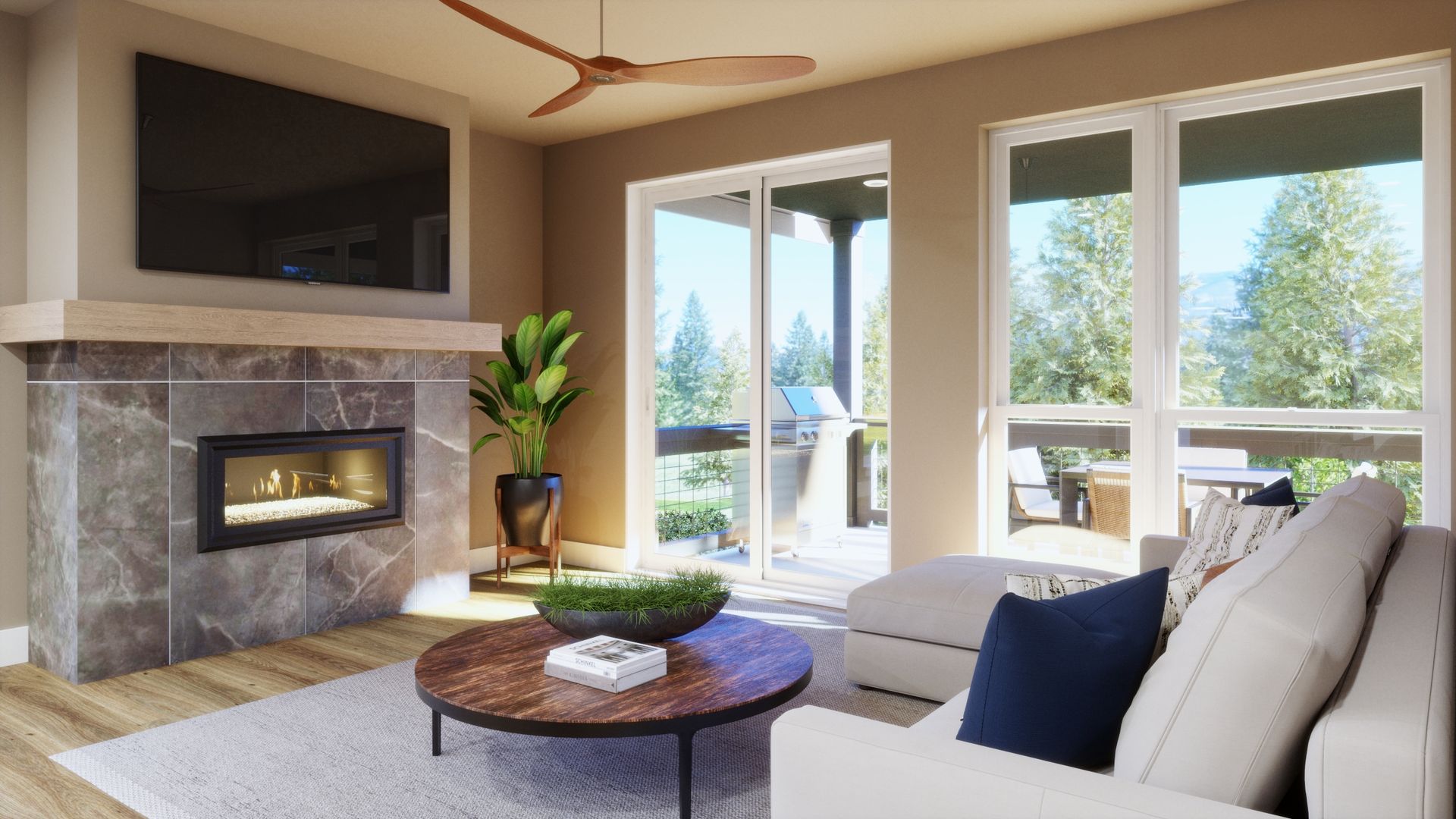 Open, comfortable, and designed for connection. This inviting living room flows seamlessly into the kitchen and dining areas, creating a welcoming space for relaxing, entertaining, and everyday living.