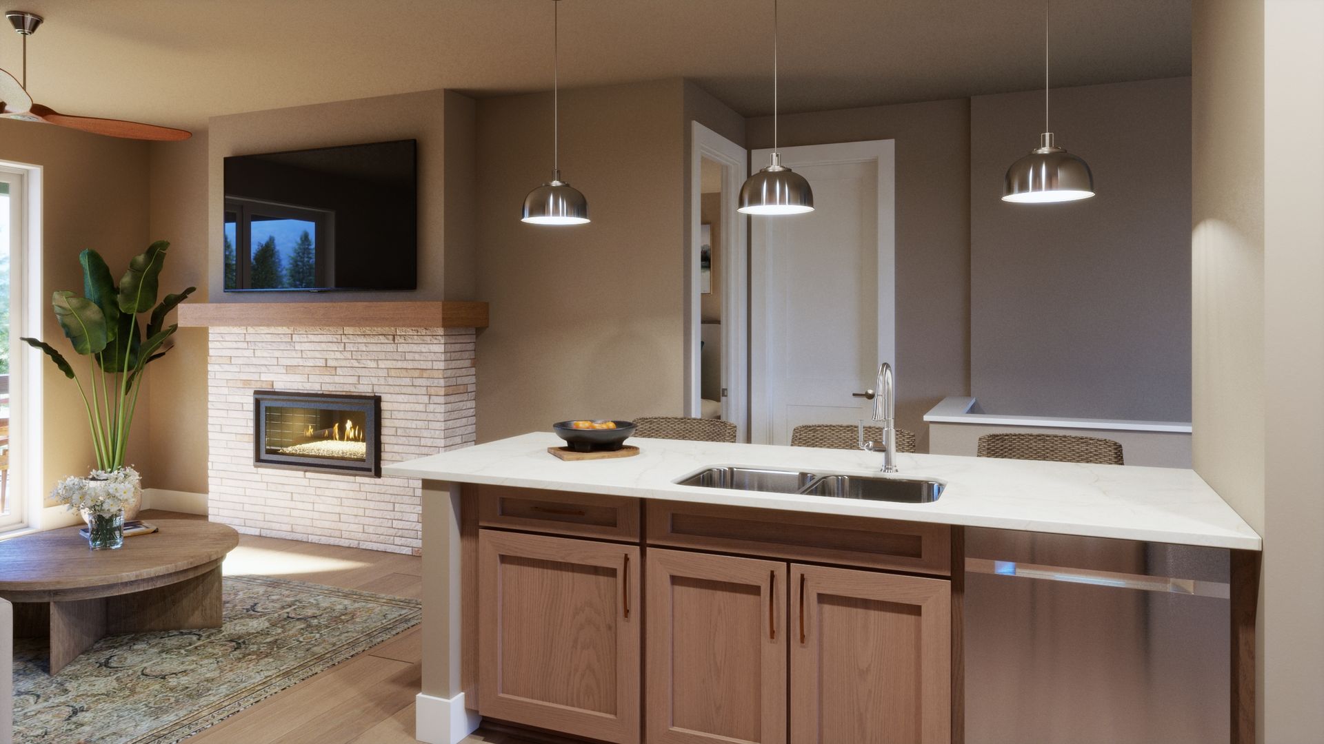 Designed for convenient main-floor living. This welcoming kitchen features a spacious island with seating, ample cabinetry, and a functional layout that makes everyday meals and entertaining effortless.