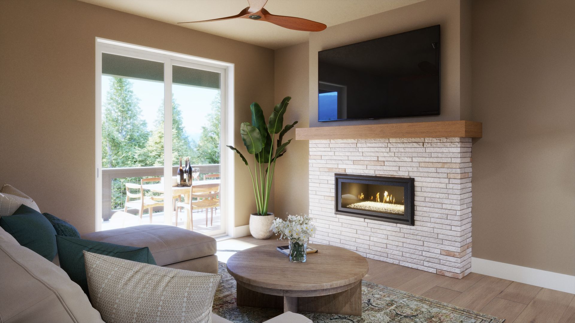 Open and inviting, this main-level living room connects seamlessly with the kitchen, creating a comfortable space for relaxing, entertaining, and gathering together.