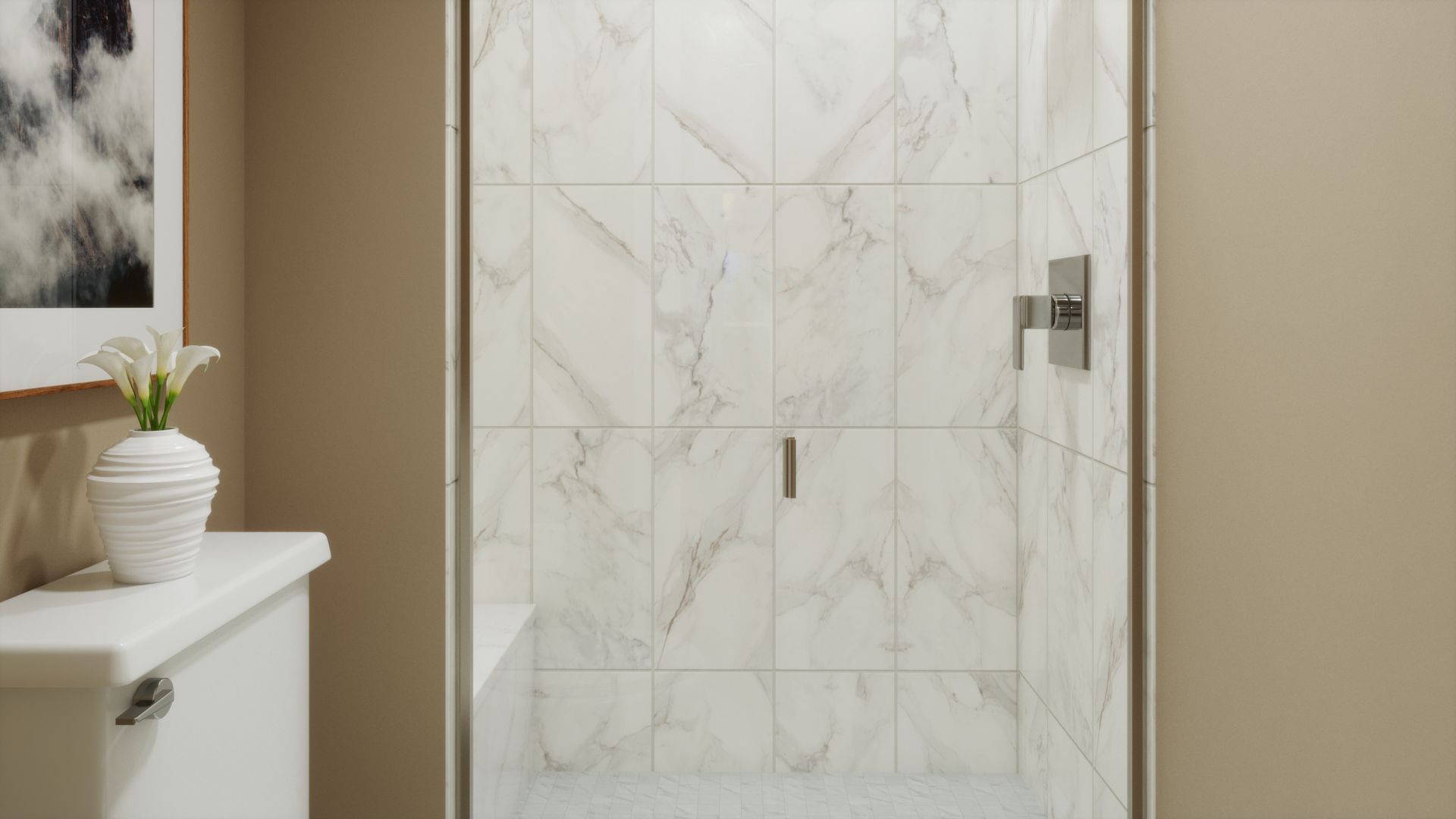 Designed for comfort and functionality, this primary bath features dual vanities, warm finishes, and a separate private space for the shower, creating a thoughtful layout for everyday living.