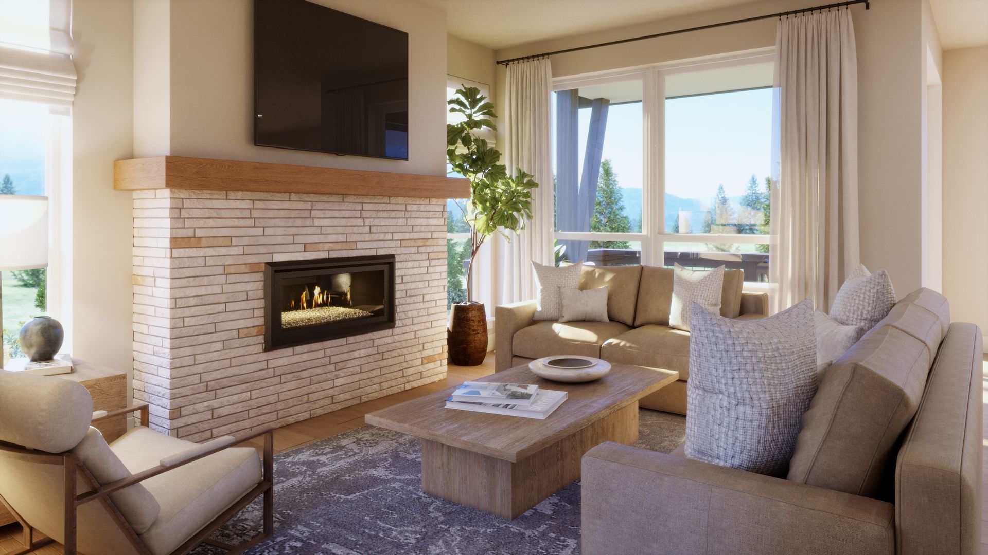 Warm, welcoming, and designed for everyday comfort. This inviting living room centers around a cozy fireplace, creating the perfect space to relax, gather, and enjoy mountain living.