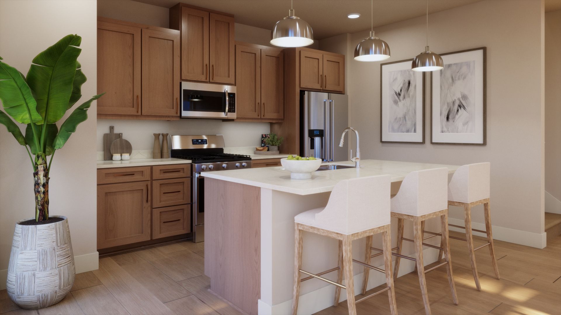 Designed to make the most of an end-unit layout. This inviting kitchen features a spacious island with seating, abundant cabinetry, and a warm, modern design perfect for everyday living and entertaining.