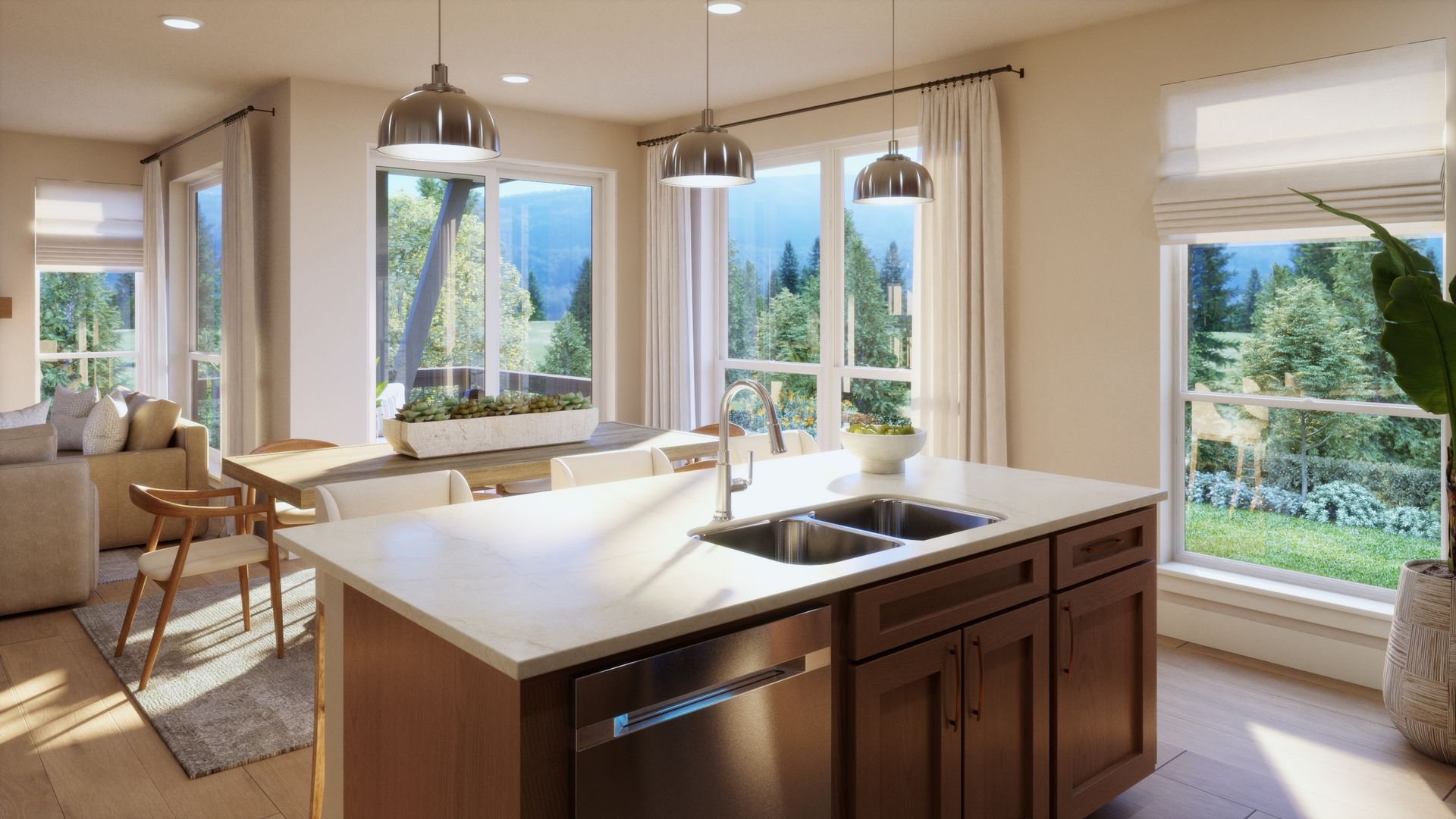 Designed to make the most of an end-unit layout. This inviting kitchen features a spacious island with seating, abundant cabinetry, and a warm, modern design perfect for everyday living and entertaining.