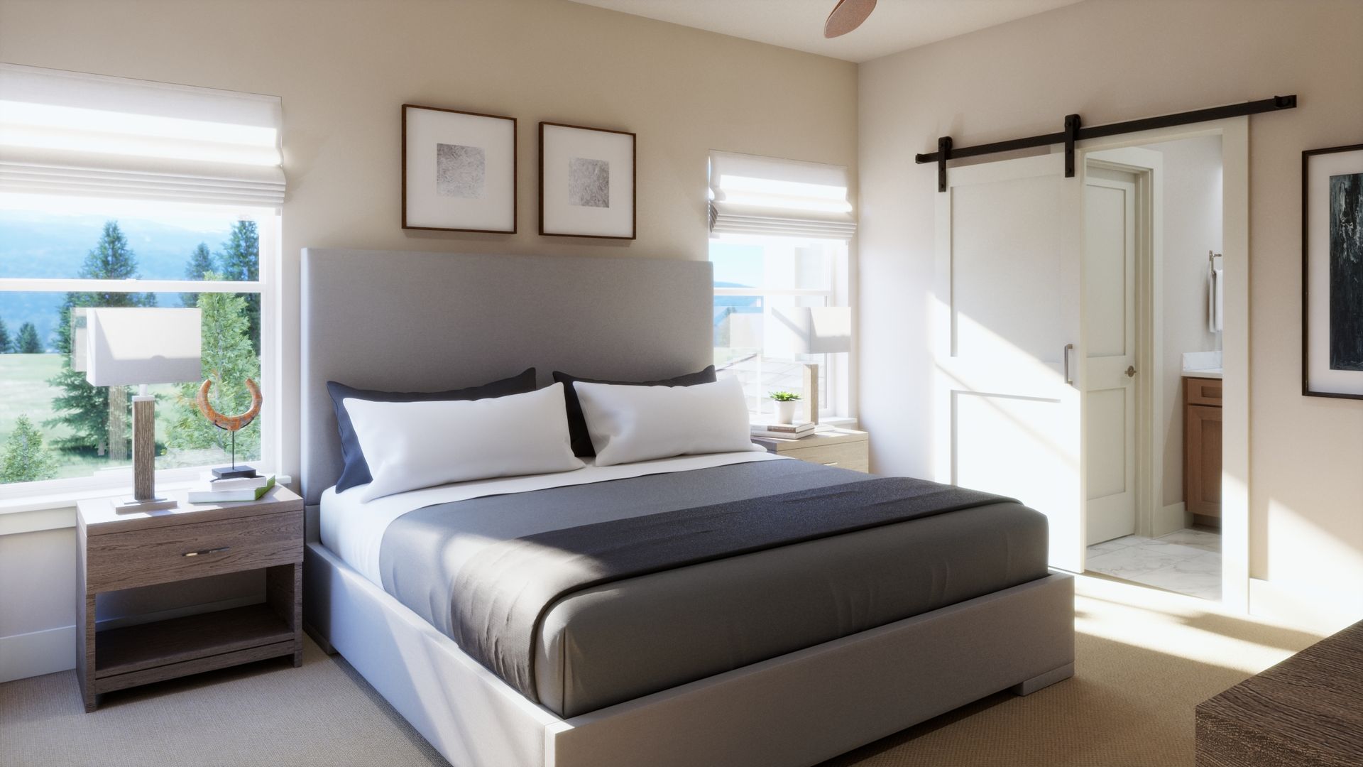 A peaceful retreat on the third floor. This spacious primary bedroom features abundant natural light and a warm, modern design, creating a comfortable place to relax and unwind.