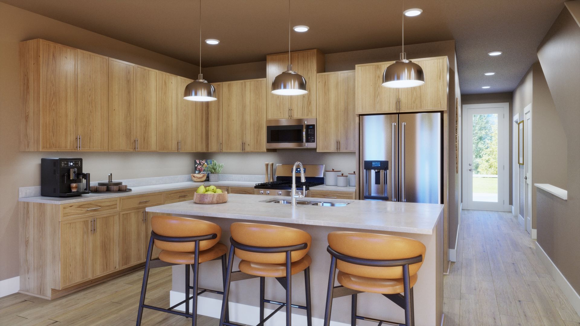 Designed for everyday living and effortless entertaining. This spacious kitchen features abundant cabinetry, a large island with seating, and a warm, modern design that creates a welcoming heart of the home.