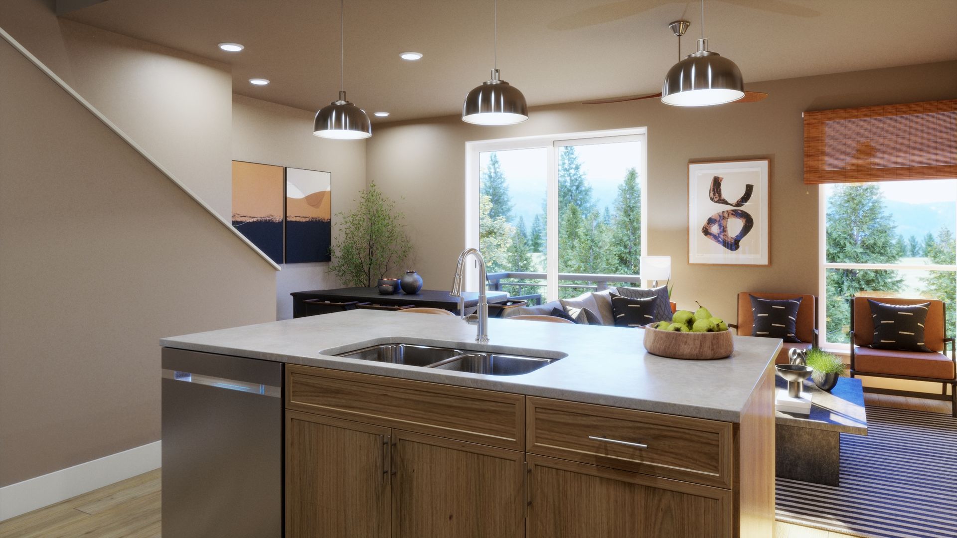 Designed for everyday living and effortless entertaining. This spacious kitchen features abundant cabinetry, a large island with seating, and a warm, modern design that creates a welcoming heart of the home.