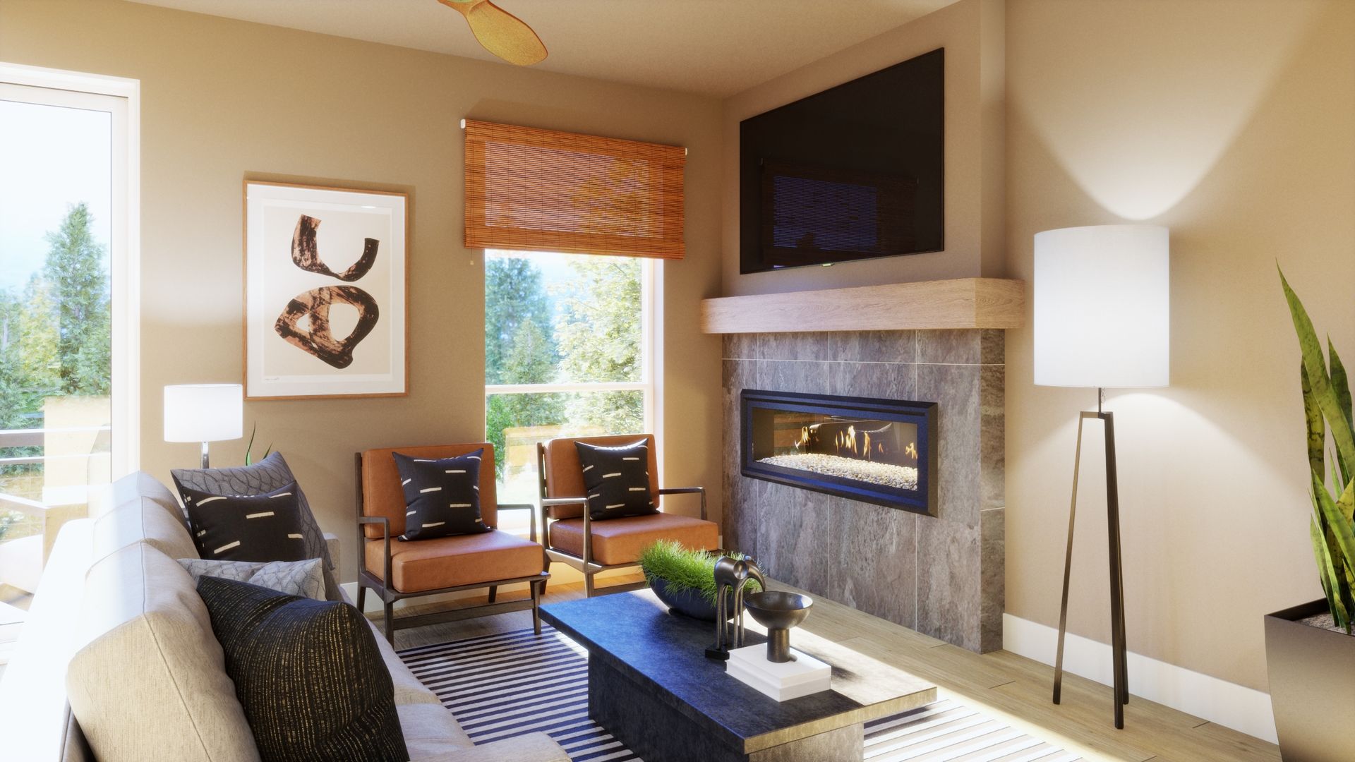 Warm, inviting, and designed for relaxation. This living room features a cozy fireplace and abundant natural light, creating a comfortable space to gather and unwind after a day in the mountains.