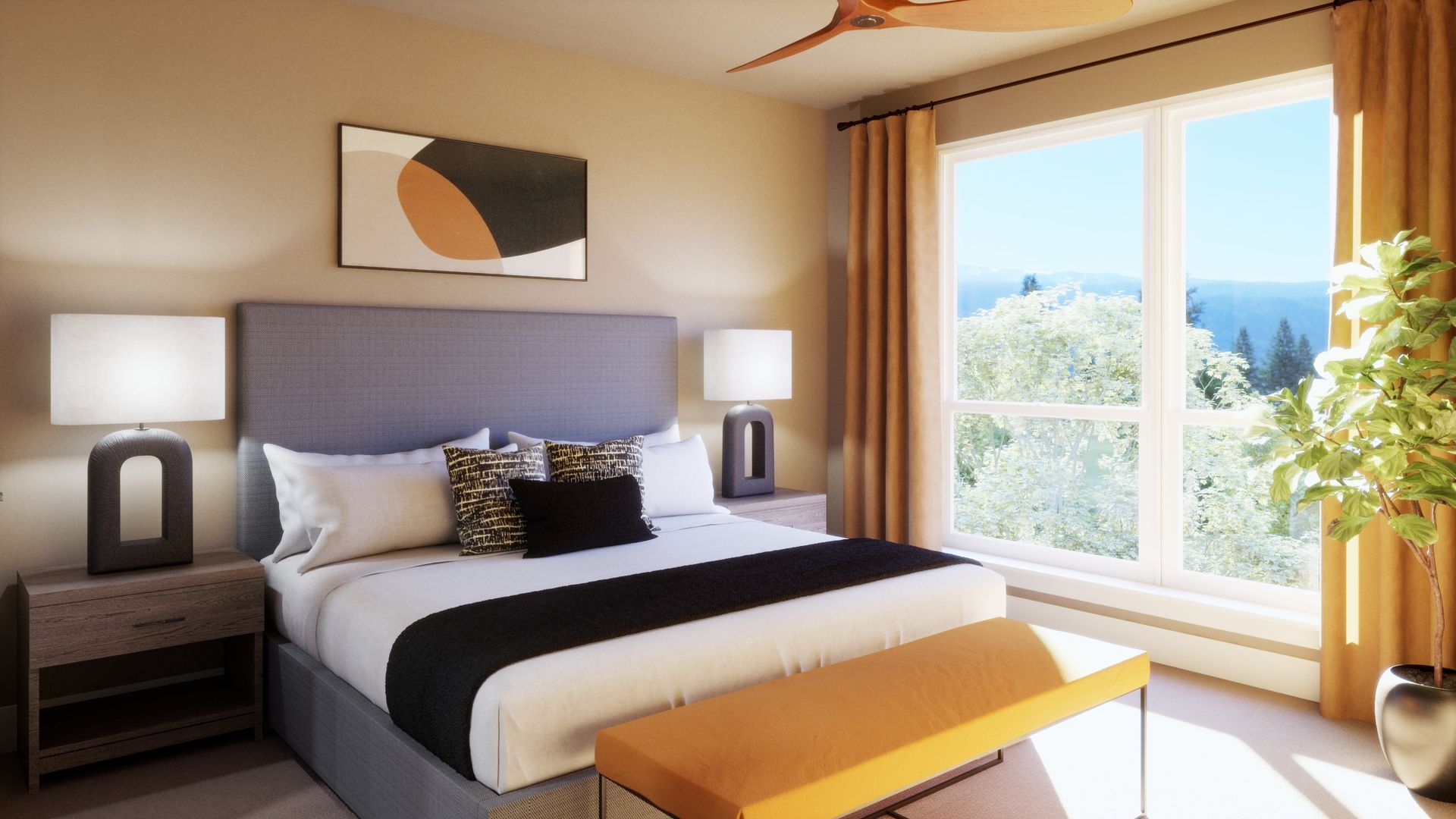 A peaceful retreat on the third floor. This spacious primary bedroom features abundant natural light and a warm, inviting design, creating a comfortable place to relax and recharge.