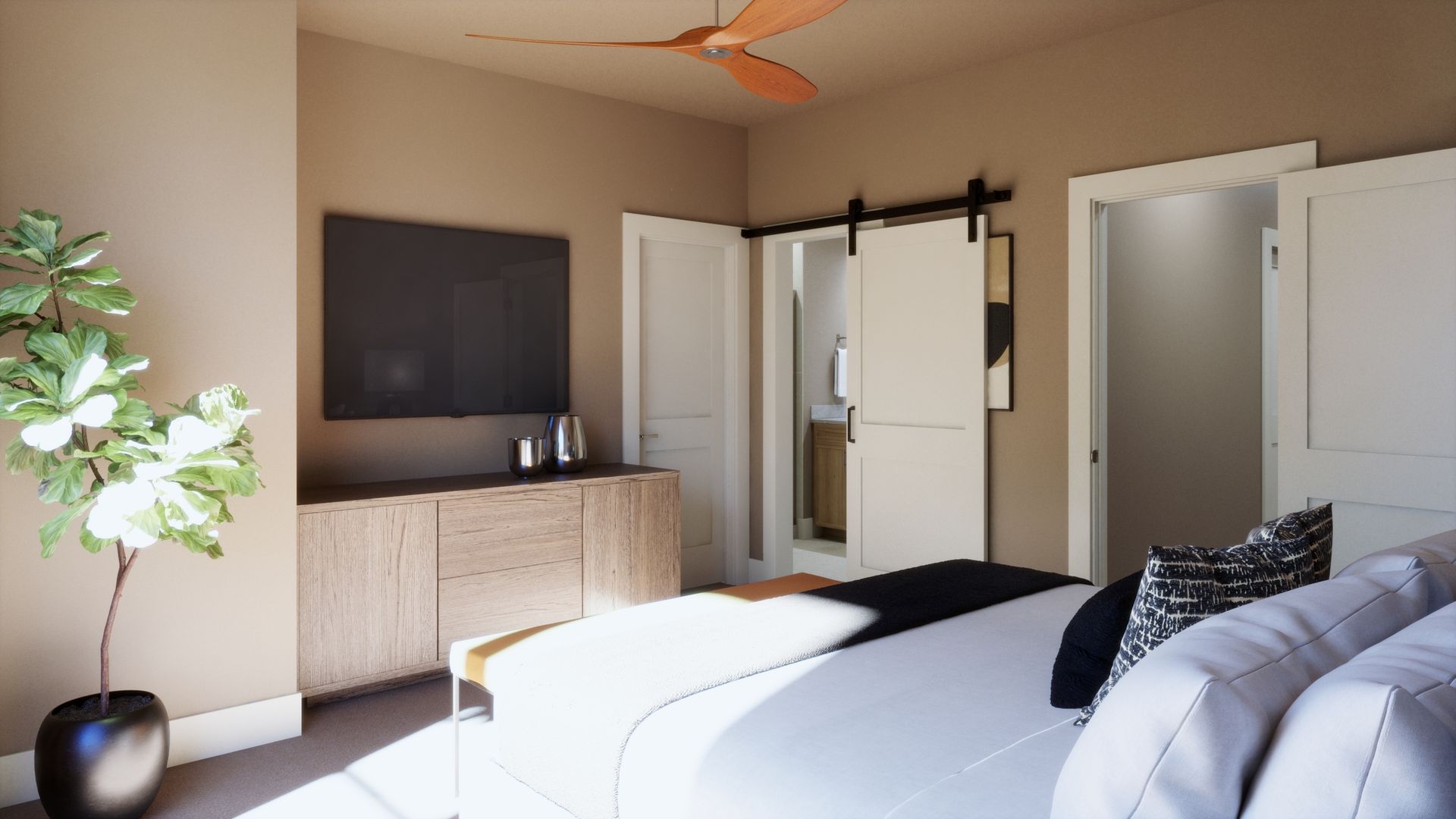 A peaceful retreat on the third floor. This spacious primary bedroom features abundant natural light and a warm, inviting design, creating a comfortable place to relax and recharge.