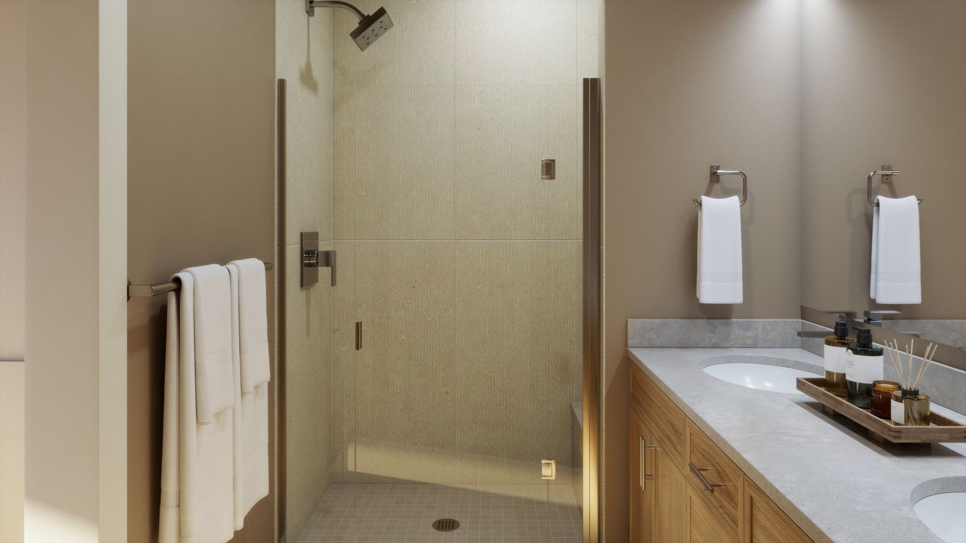 A primary bath designed for everyday comfort. Dual vanities, warm finishes, and thoughtful details create a clean and functional space to start and end your day.