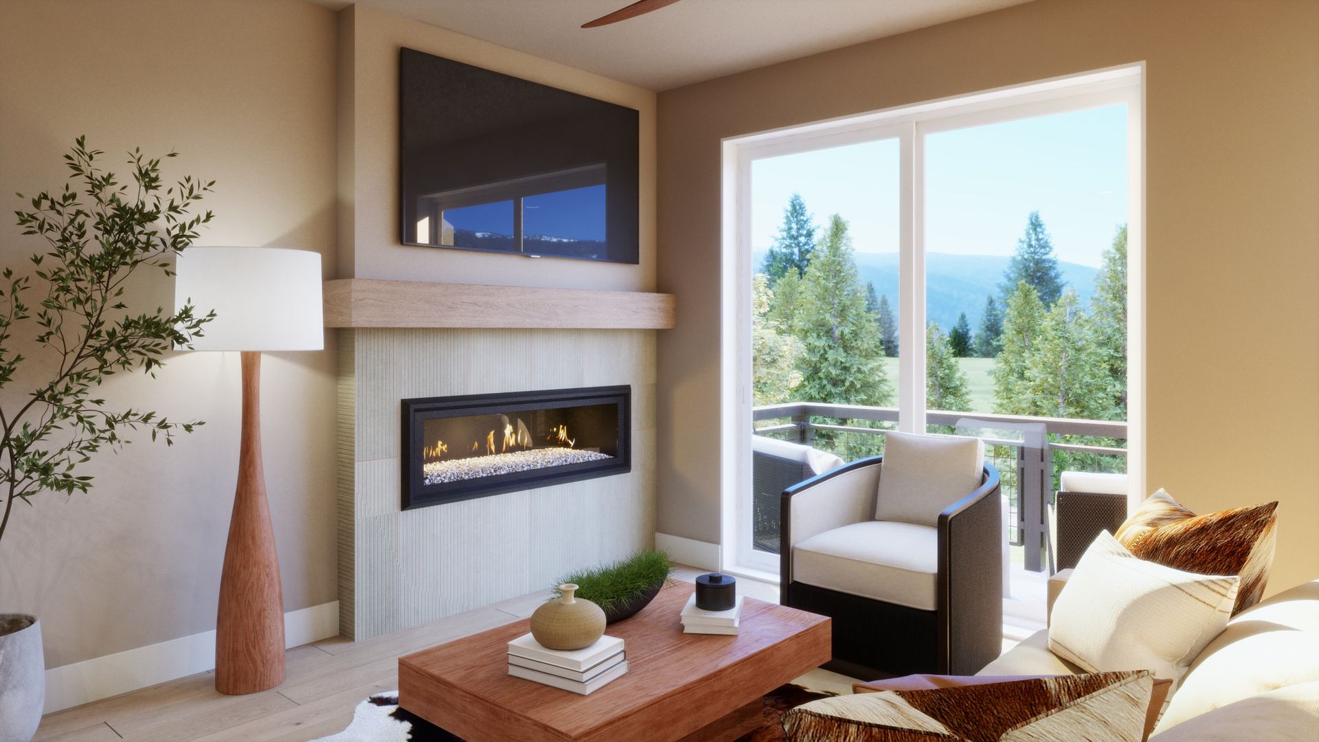 Comfort designed for mountain living. This inviting living room features a cozy fireplace and abundant natural light, creating a warm and welcoming space to relax, gather, and unwind.