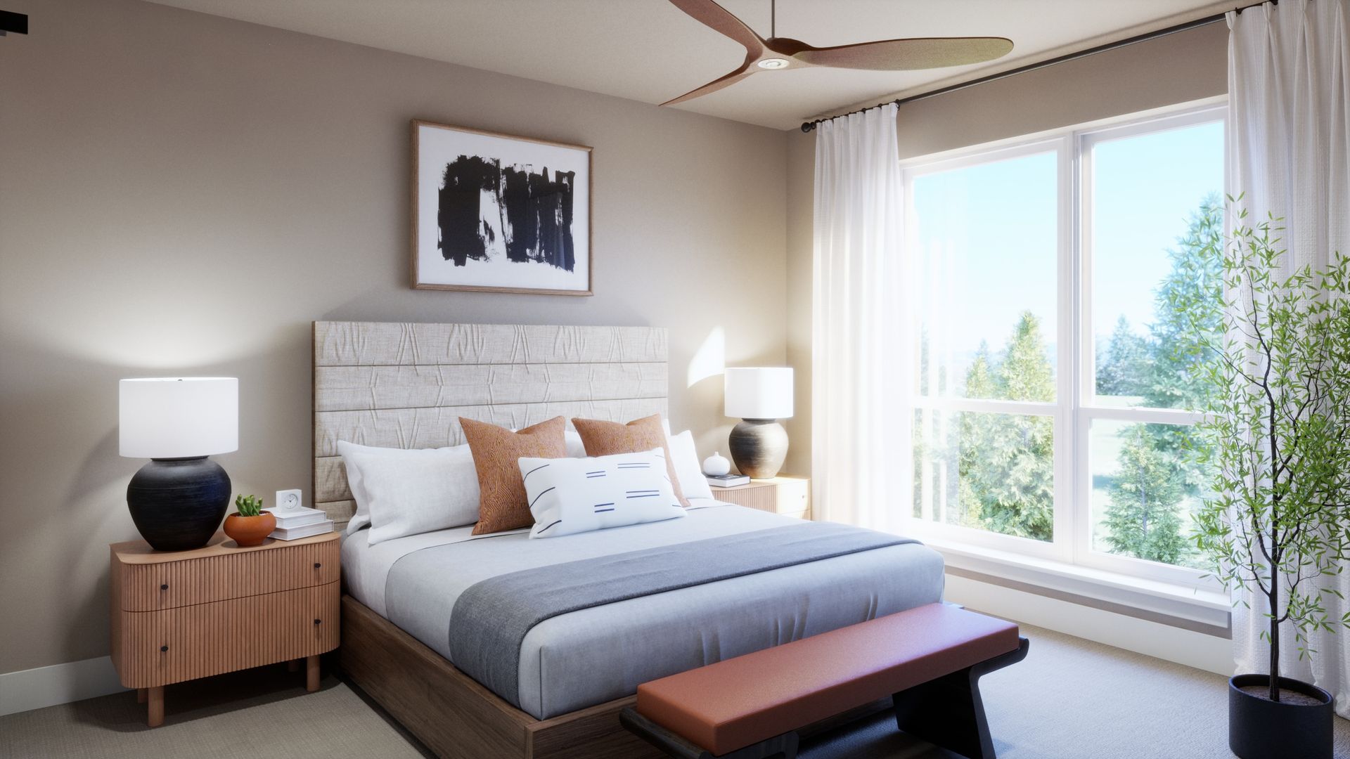 Located on the third floor, this spacious primary bedroom offers a peaceful retreat with abundant natural light and a warm, inviting design.