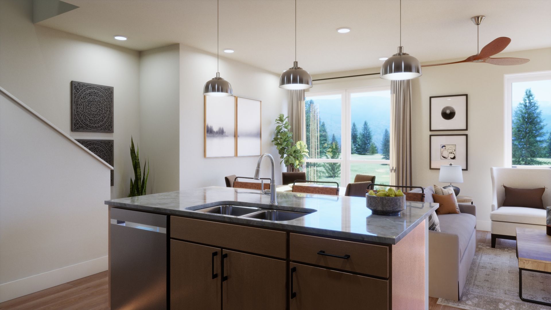The heart of the home, designed for connection. This spacious kitchen island creates a natural gathering place, seamlessly connecting the kitchen, dining, and living spaces for effortless mountain living.
