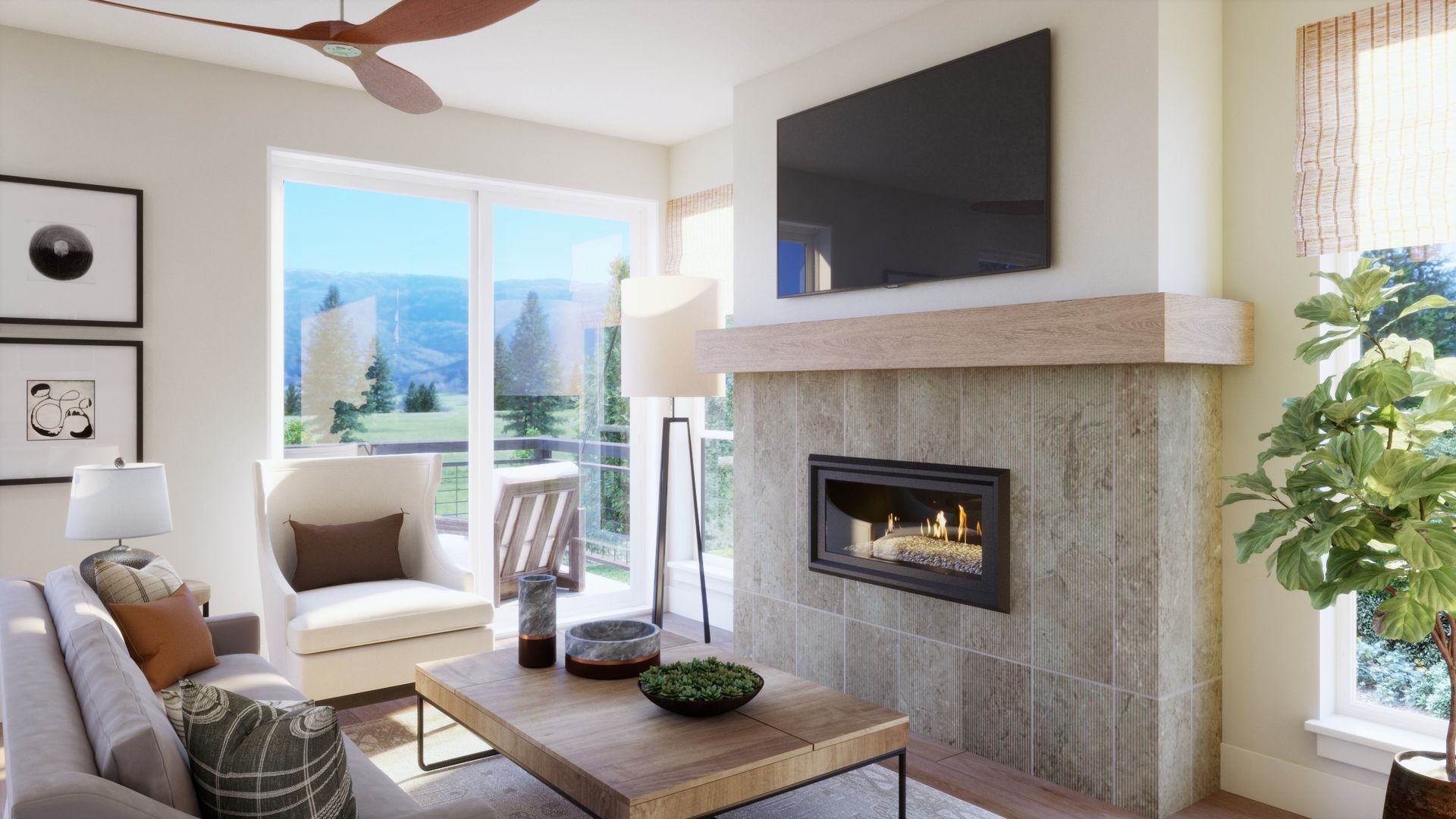 Comfort meets mountain living. This inviting living room features a cozy fireplace and abundant natural light, creating the perfect place to relax and unwind after a day in the mountains.