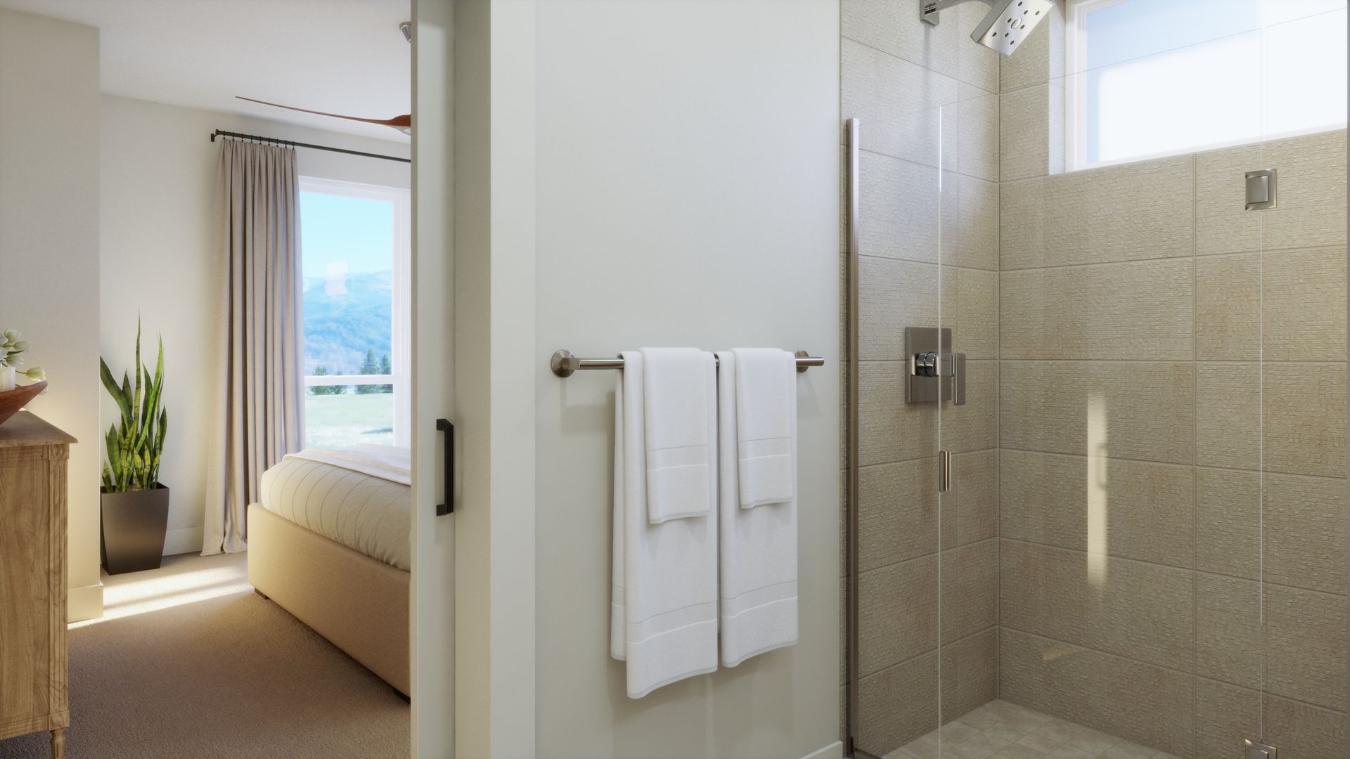 A primary bath designed for everyday comfort. Dual vanities, warm finishes, and a clean, modern design create a functional and inviting space to start and end your day.