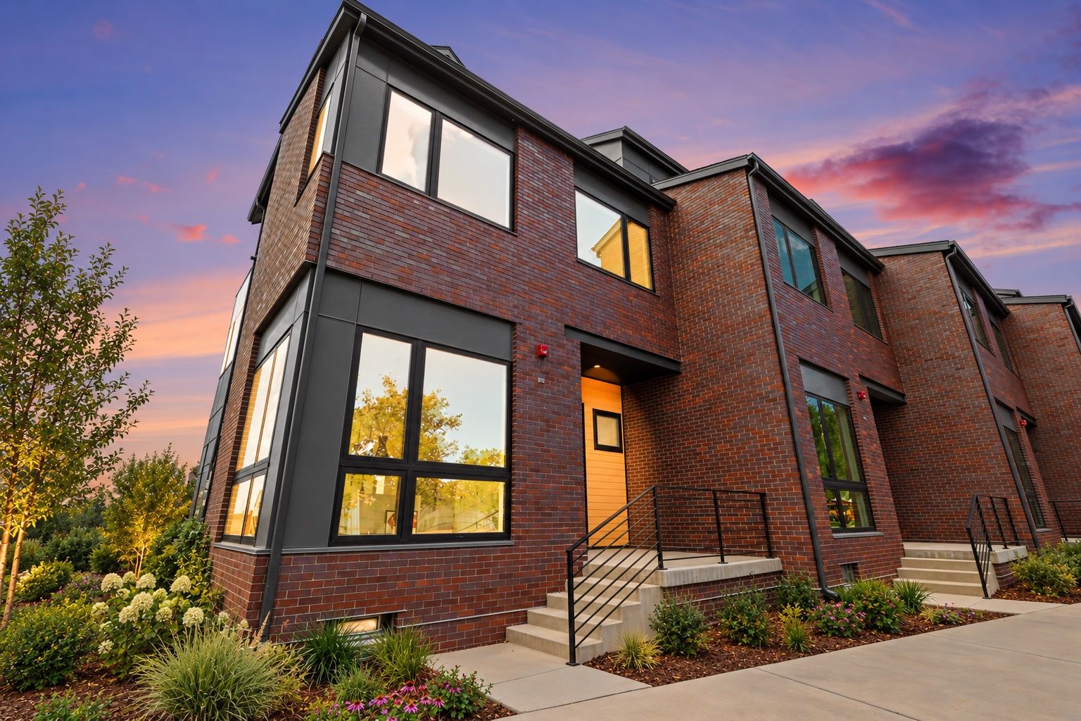 Striking end-unit exterior at dusk showcases the modern architecture & oversized windows of 1170 Violet.
