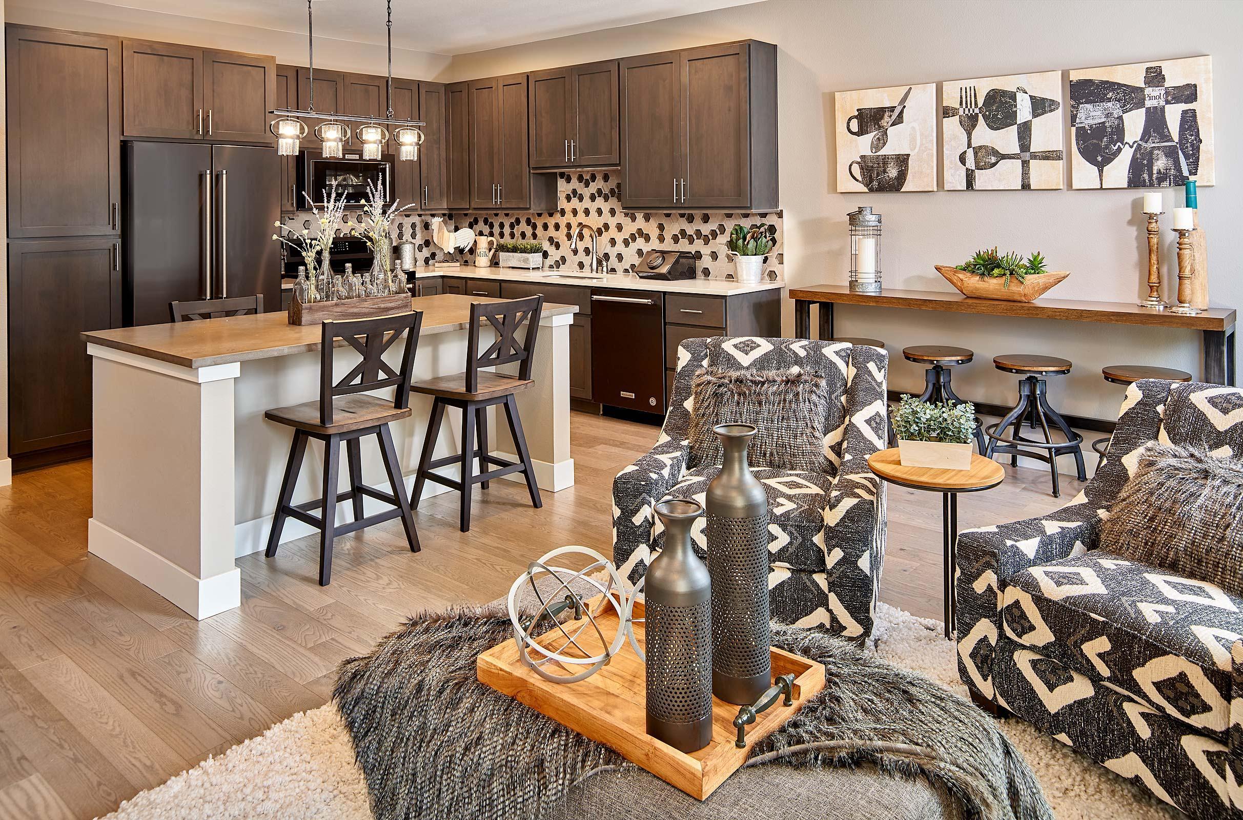 The kitchen has a durable built in farmhouse table seating which can double as countertop work space