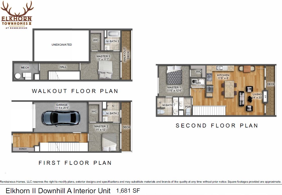 3 bed, 3.5 bath townhome has one master suite per level; features built in "farmhouse" counter height table in kitchen.