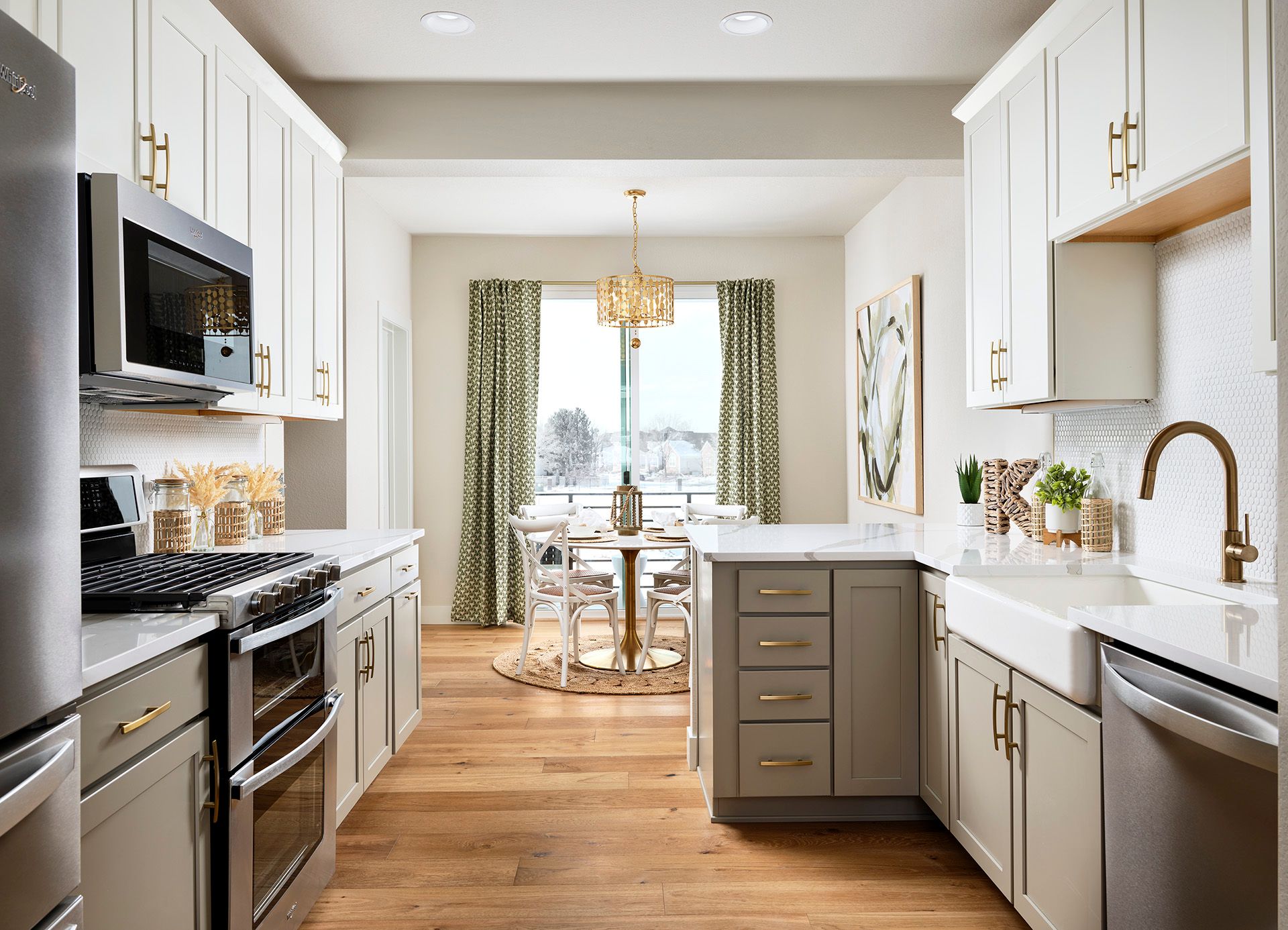 Open kitchen, dining, living
