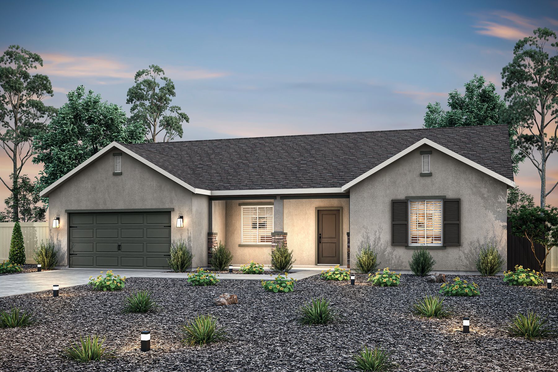 The Hermosa is a beautiful three bedroom homes with stucco.