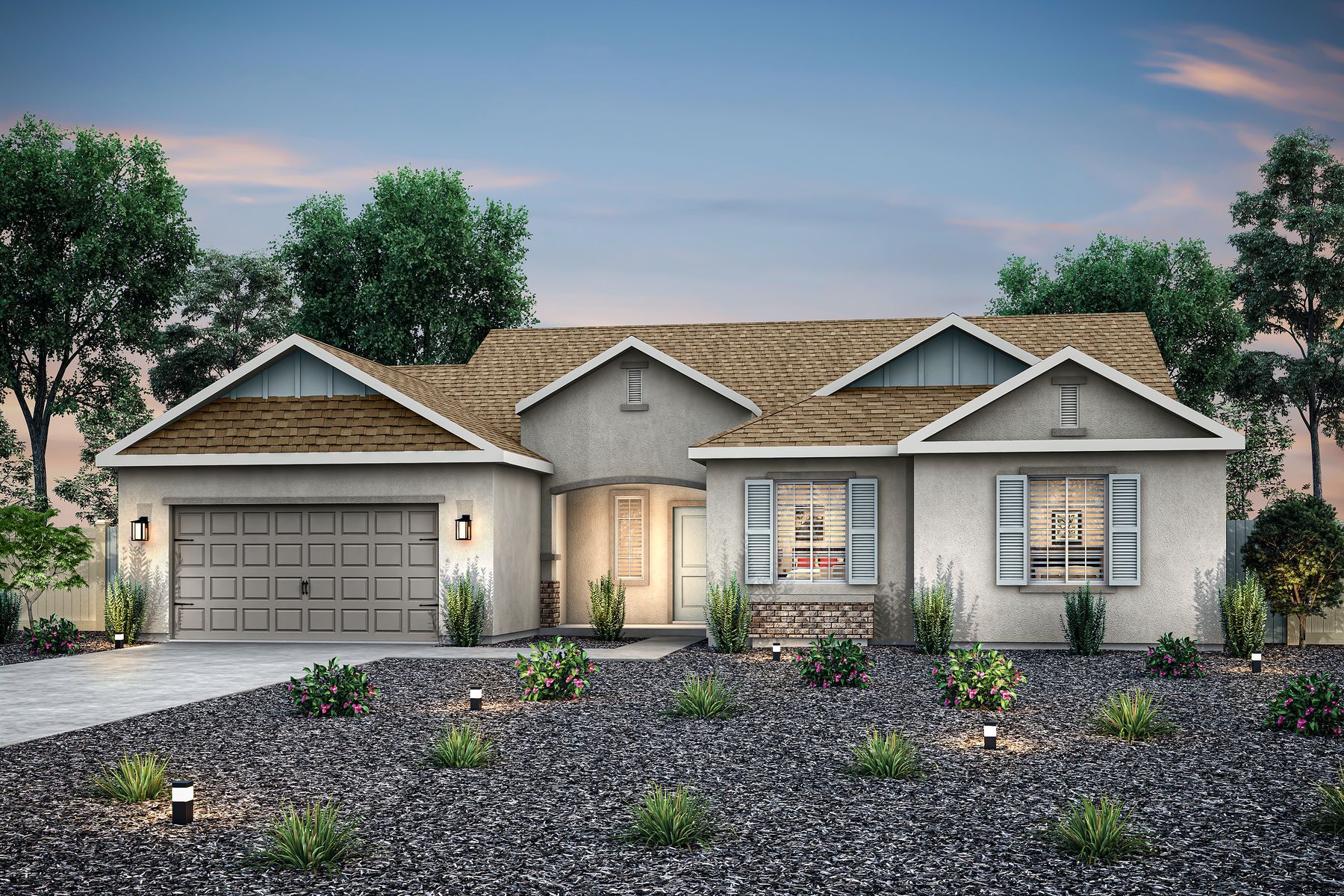 The Newport is a beautiful four bedroom home with a stucco exterior. 