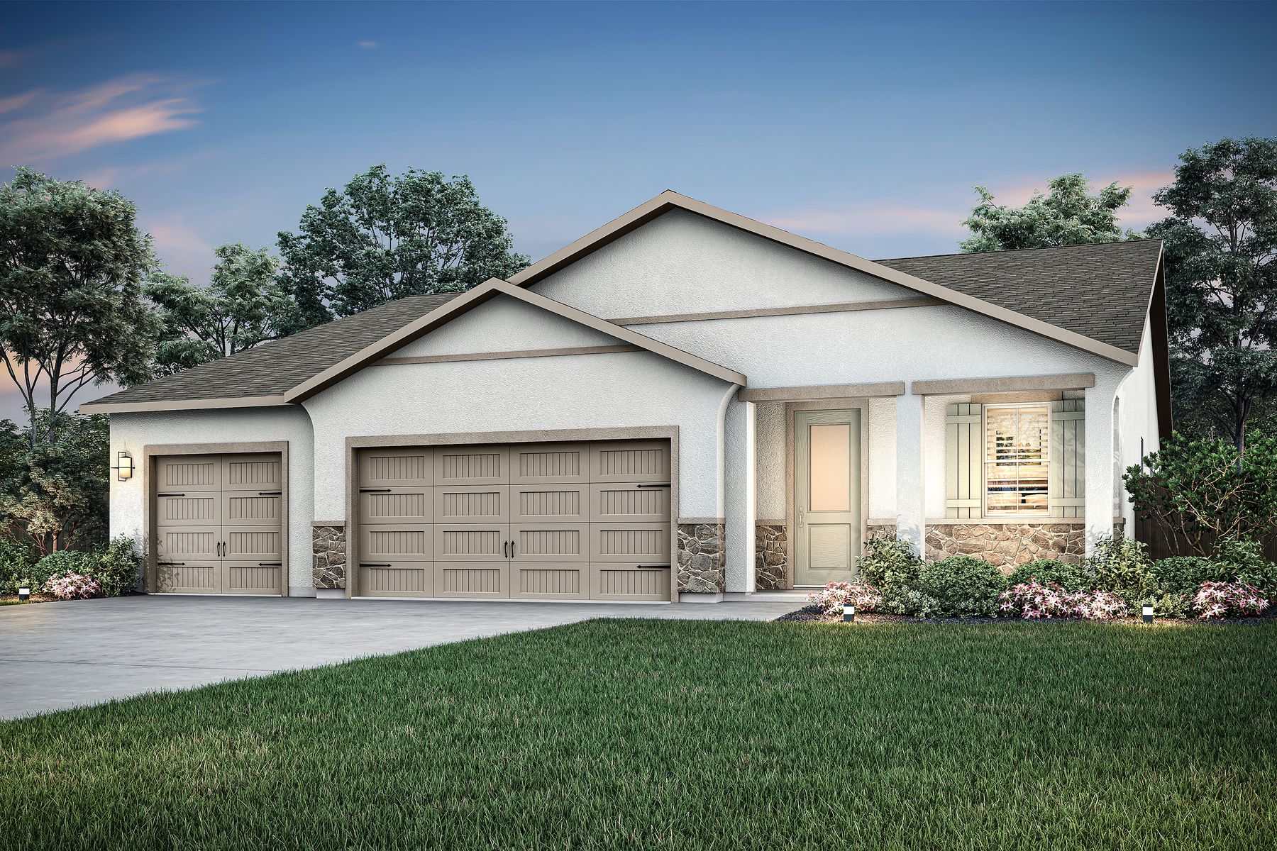 The Sonoma has five bedrooms and three bathrooms with stucco.