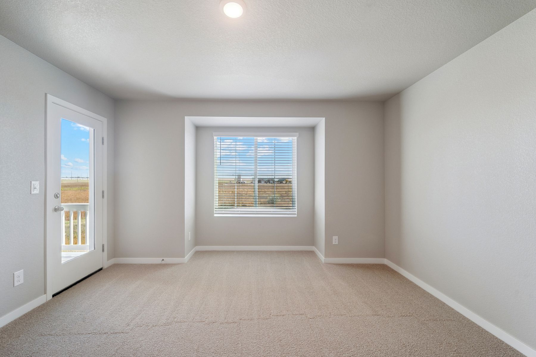The master bedroom is spacious and has carpet.