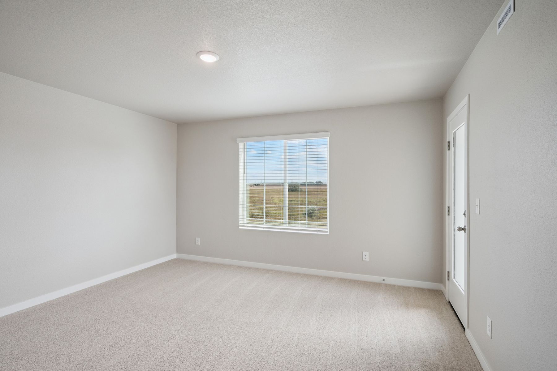 The master bedroom is spacious and has carpet.