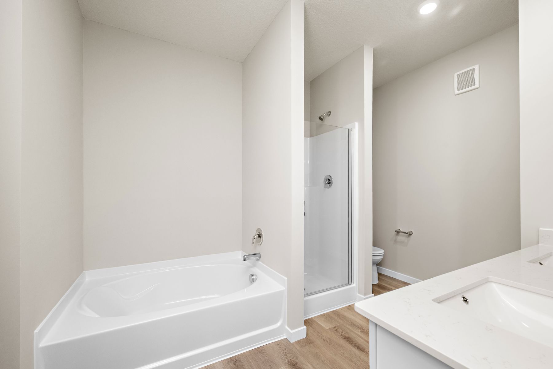 The master bathroom has a dual sink vanity, a step in shower and a soaking tub.